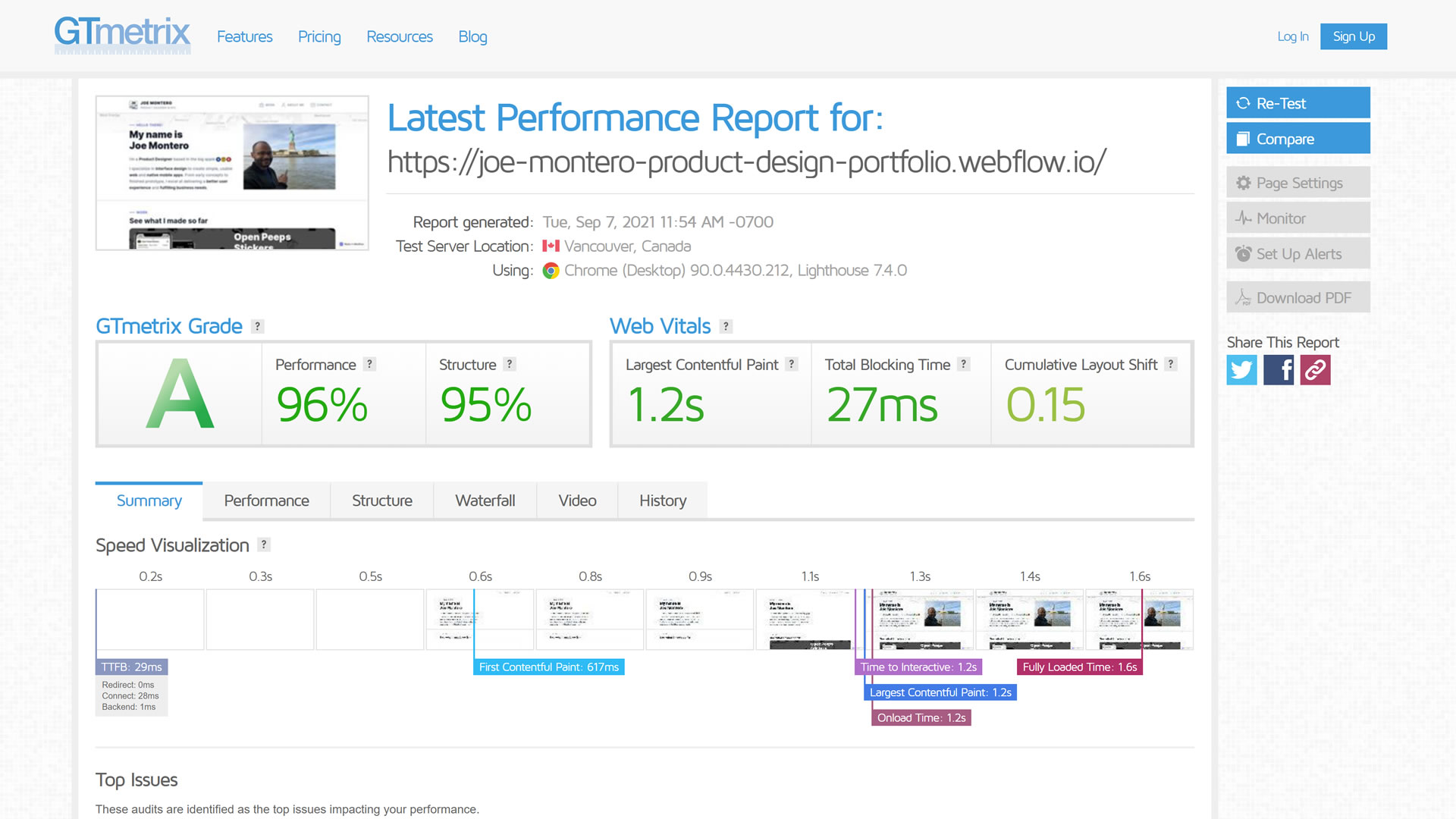 GTMetrix performance report for my Webflow home page