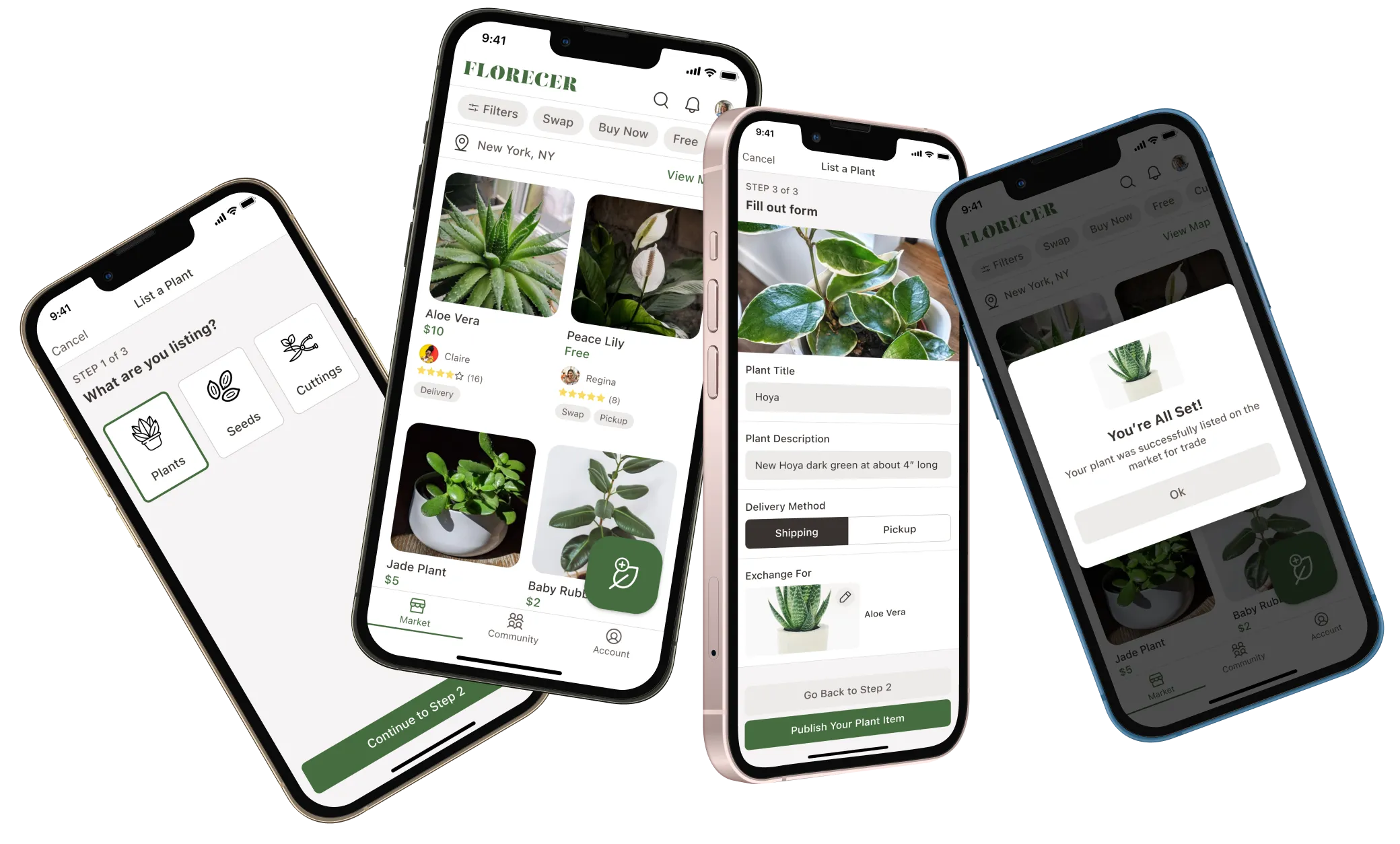 Hero image featuring four iPhone mockups with Florecer app screens on the case study page