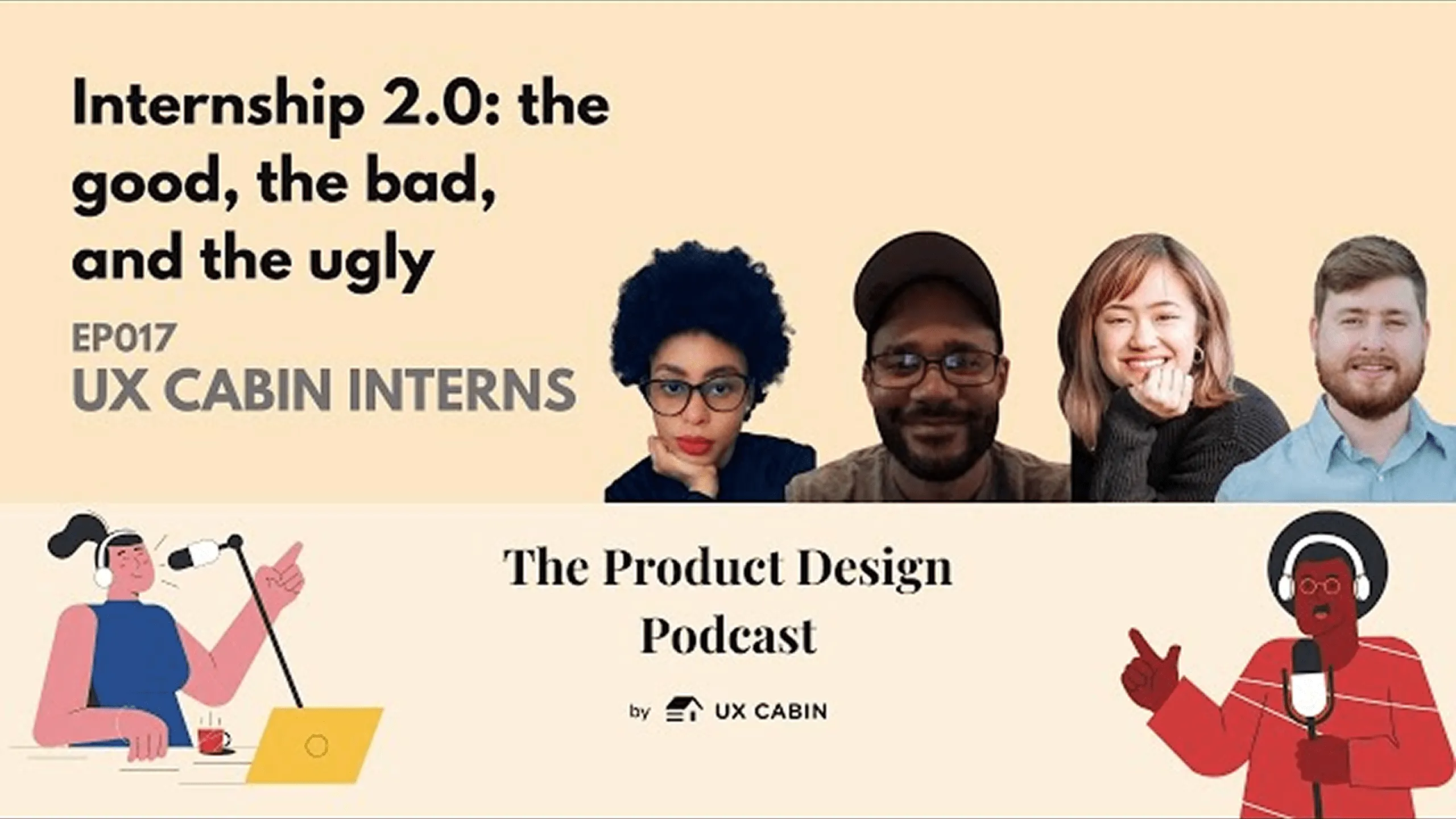 YouTube thumbnail for a podcast featuring four UX Cabin interns sharing their experience, hosted by Seth Coelen