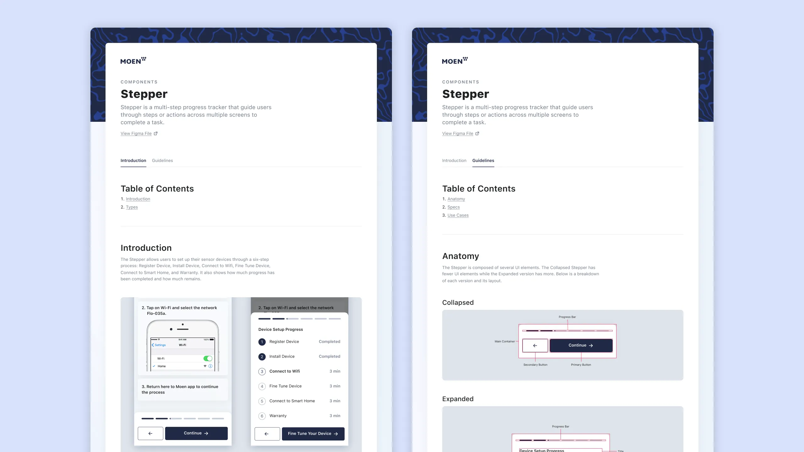 Screenshot of Moen Design System documentation for the stepper component