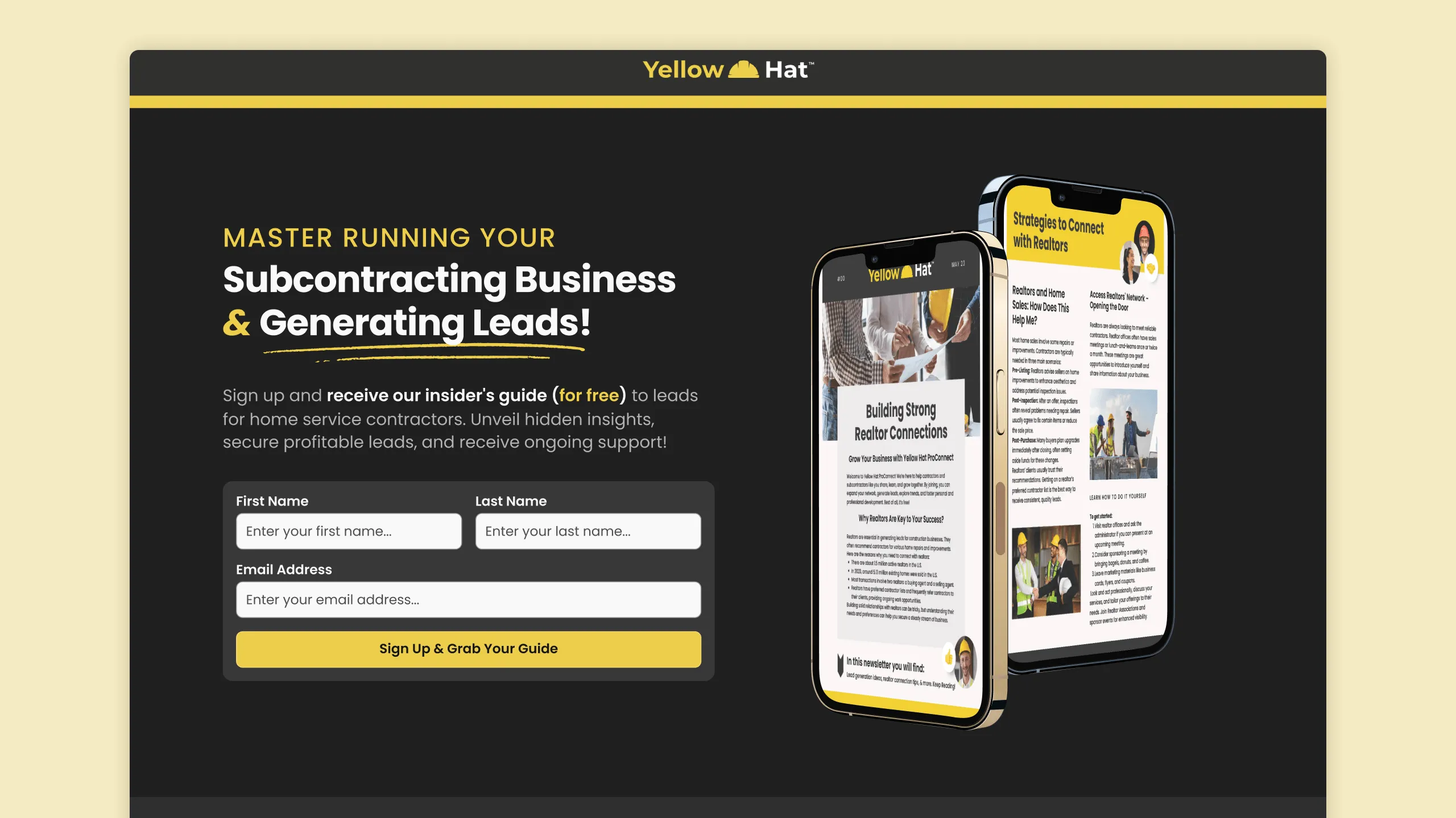 Screenshot of YellowHat Real Estate eBook landing page for lead generation