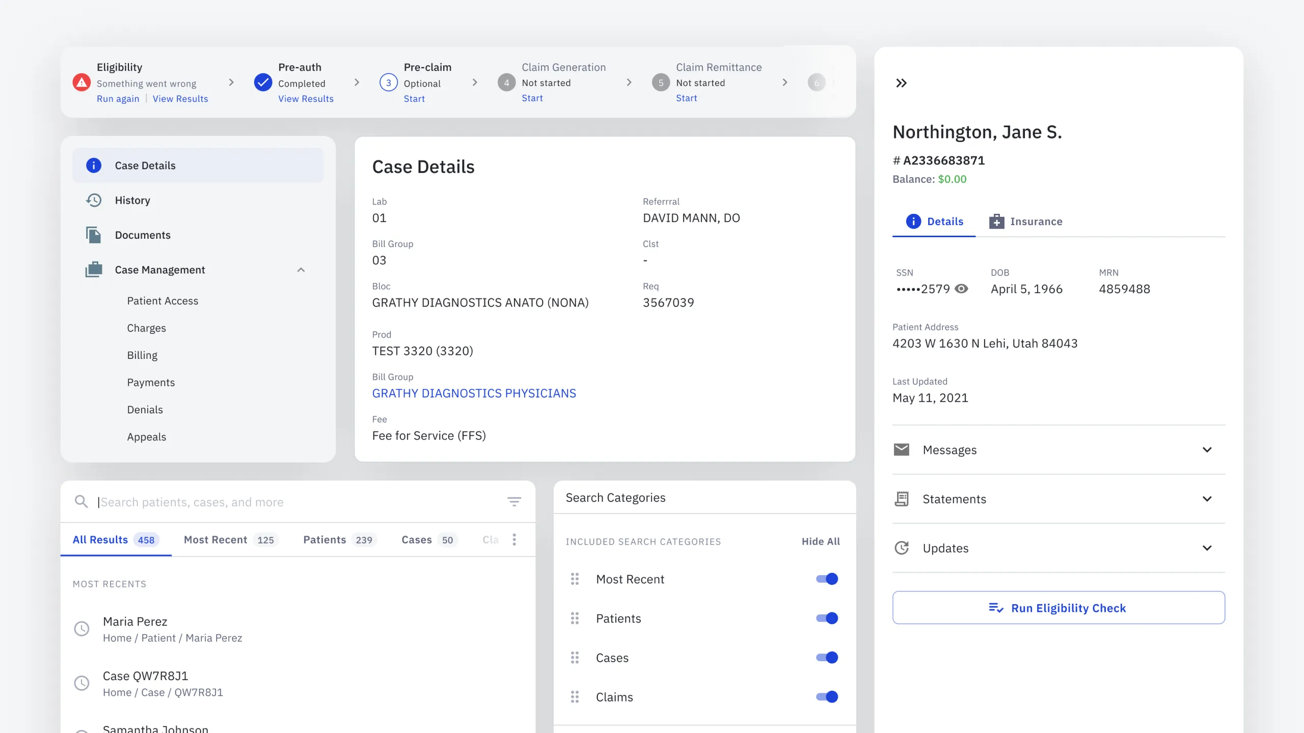 Screenshot of UI components from Quadax’s medical billing and remittance software