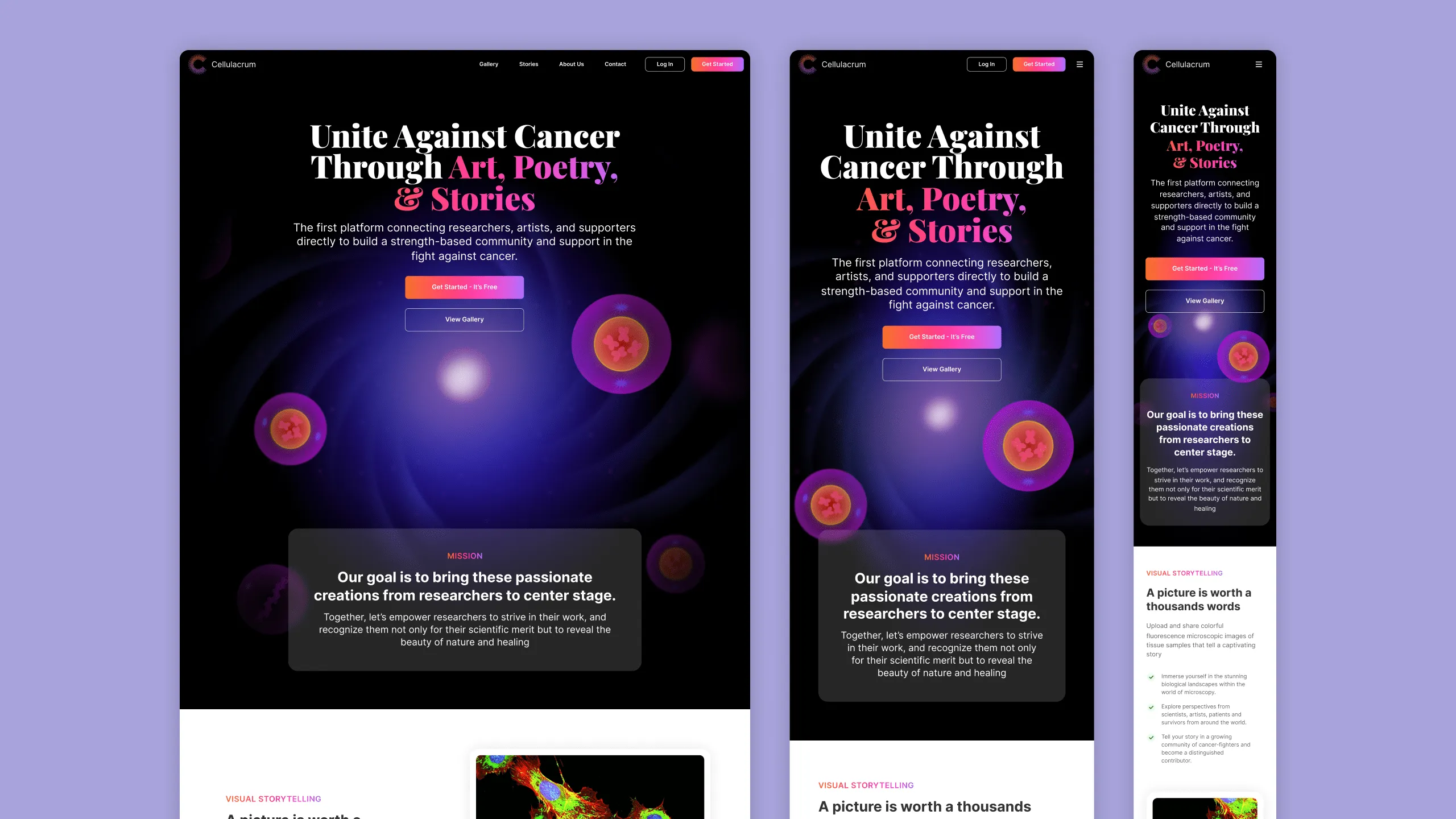 Screenshot of responsive designs for Cellulacrum, a community platform for cancer support
