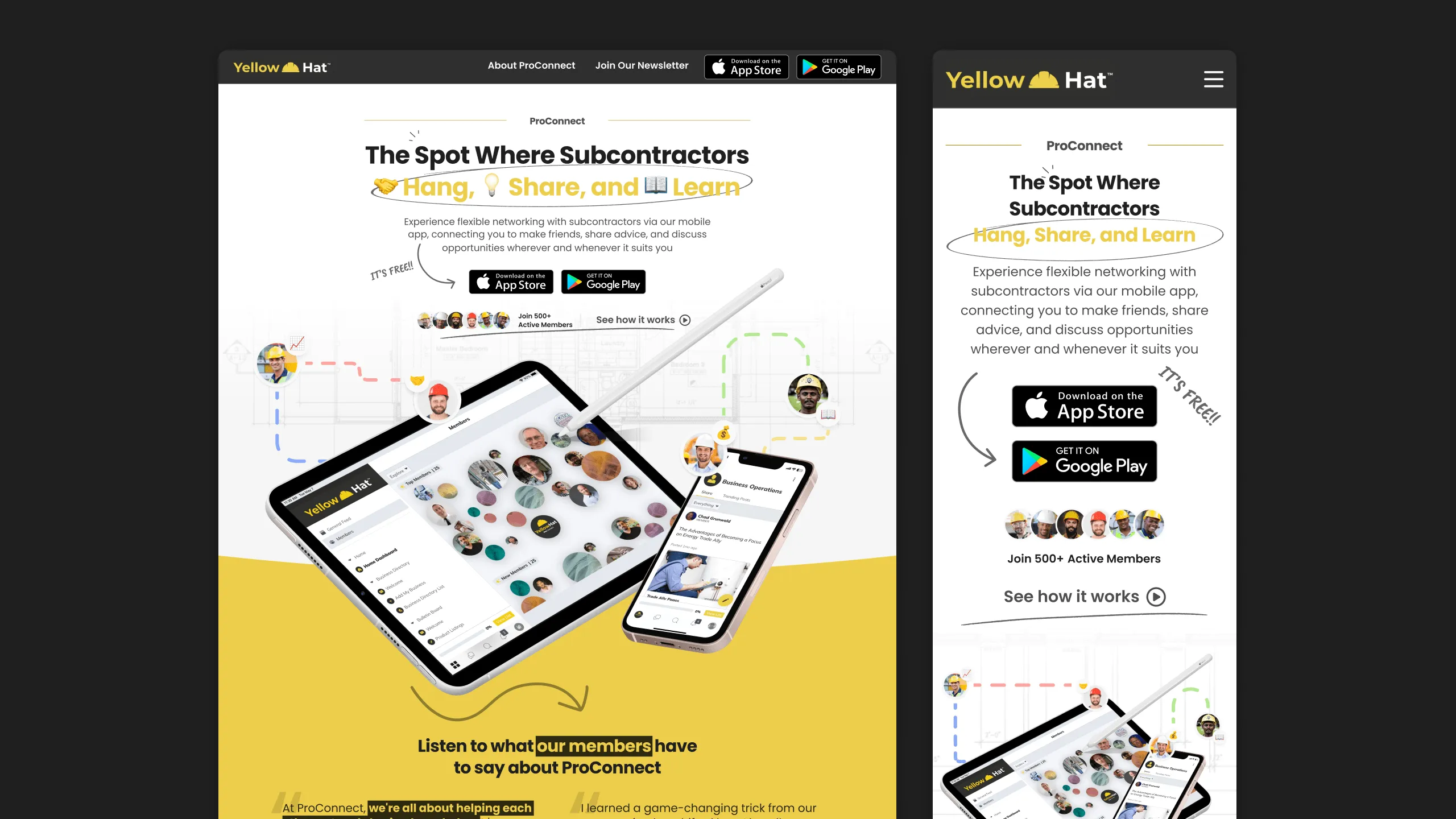Screenshot of YellowHat ProConnect landing page in desktop and mobile views