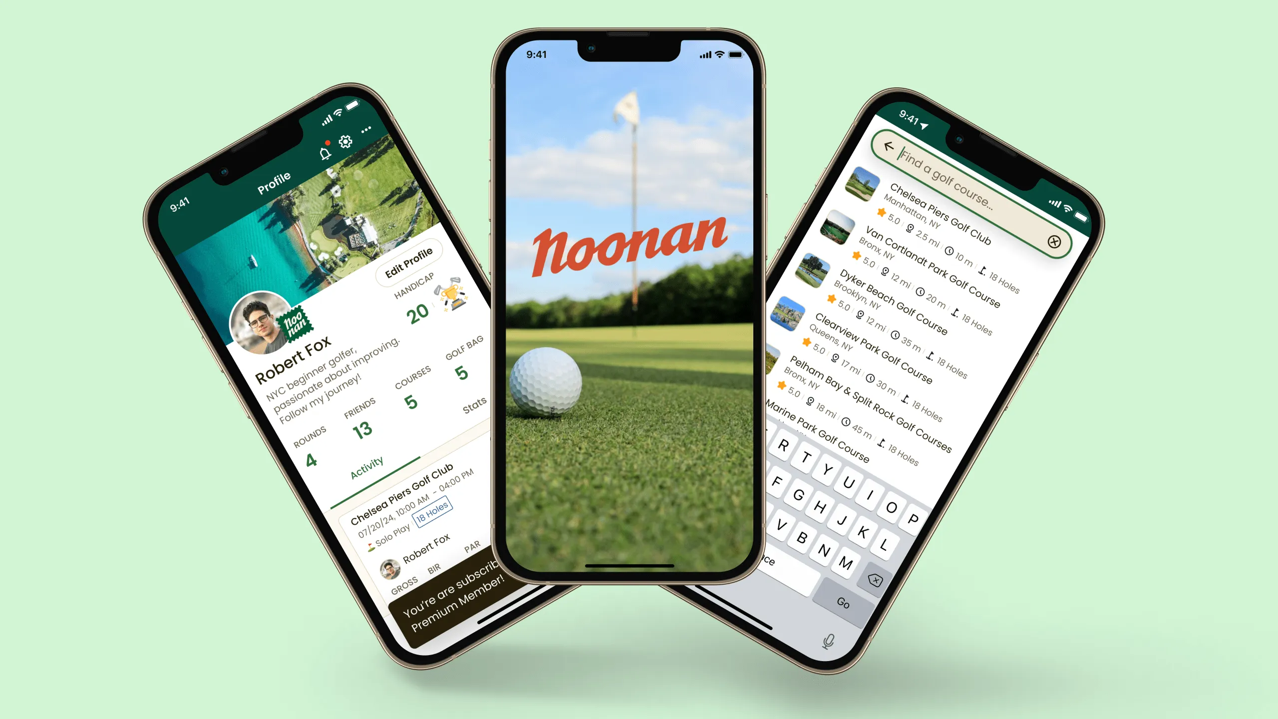 Screenshot showing Noonan golf app mockups on three devices