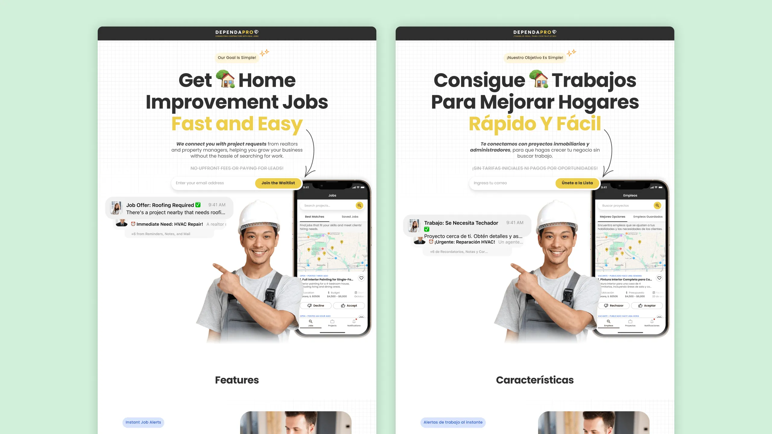 Screenshot of DependaPro landing pages in English and Spanish for subcontractor job matching