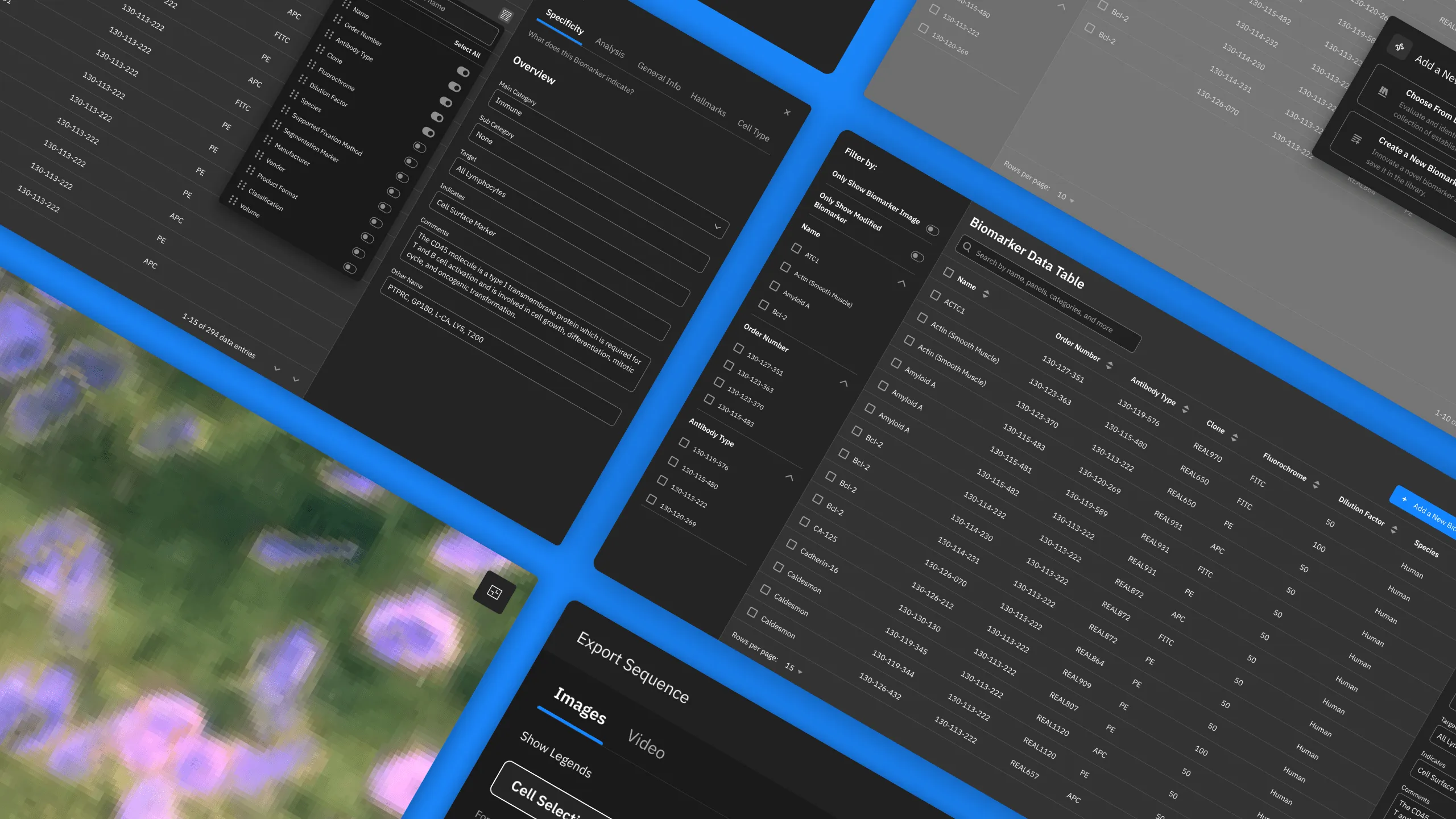 Screenshot of high-fidelity mockups for Qi Tissue, including biomarker data table, sequencer widget, and video export modal