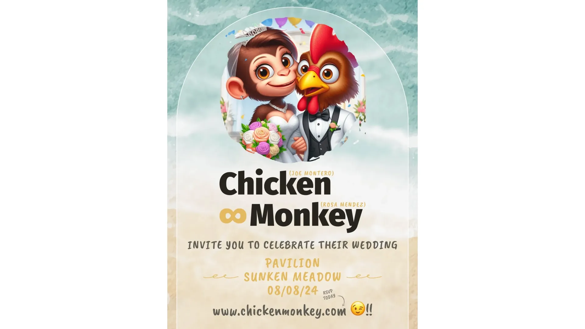 Screenshot of Joe and Rosa’s illustrated wedding e-invite, labeled Chicken and Monkey