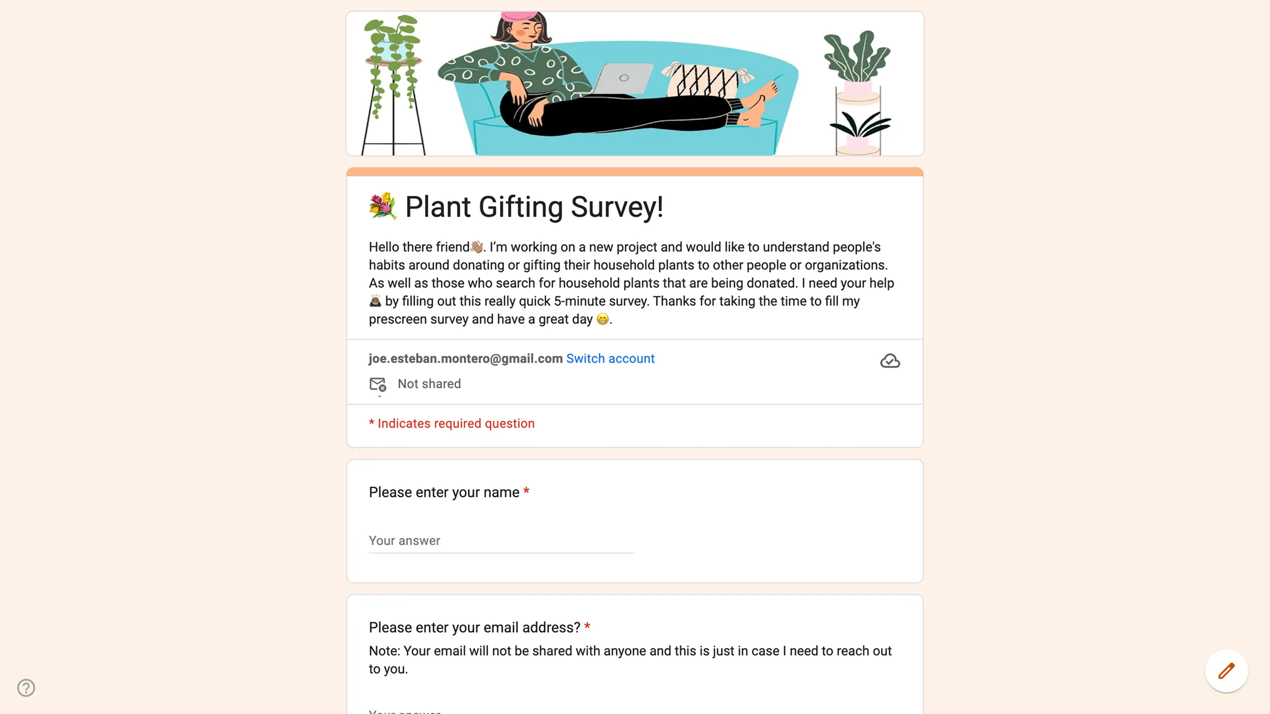 Screenshot of a Google Form for the Florecer plant gifting survey