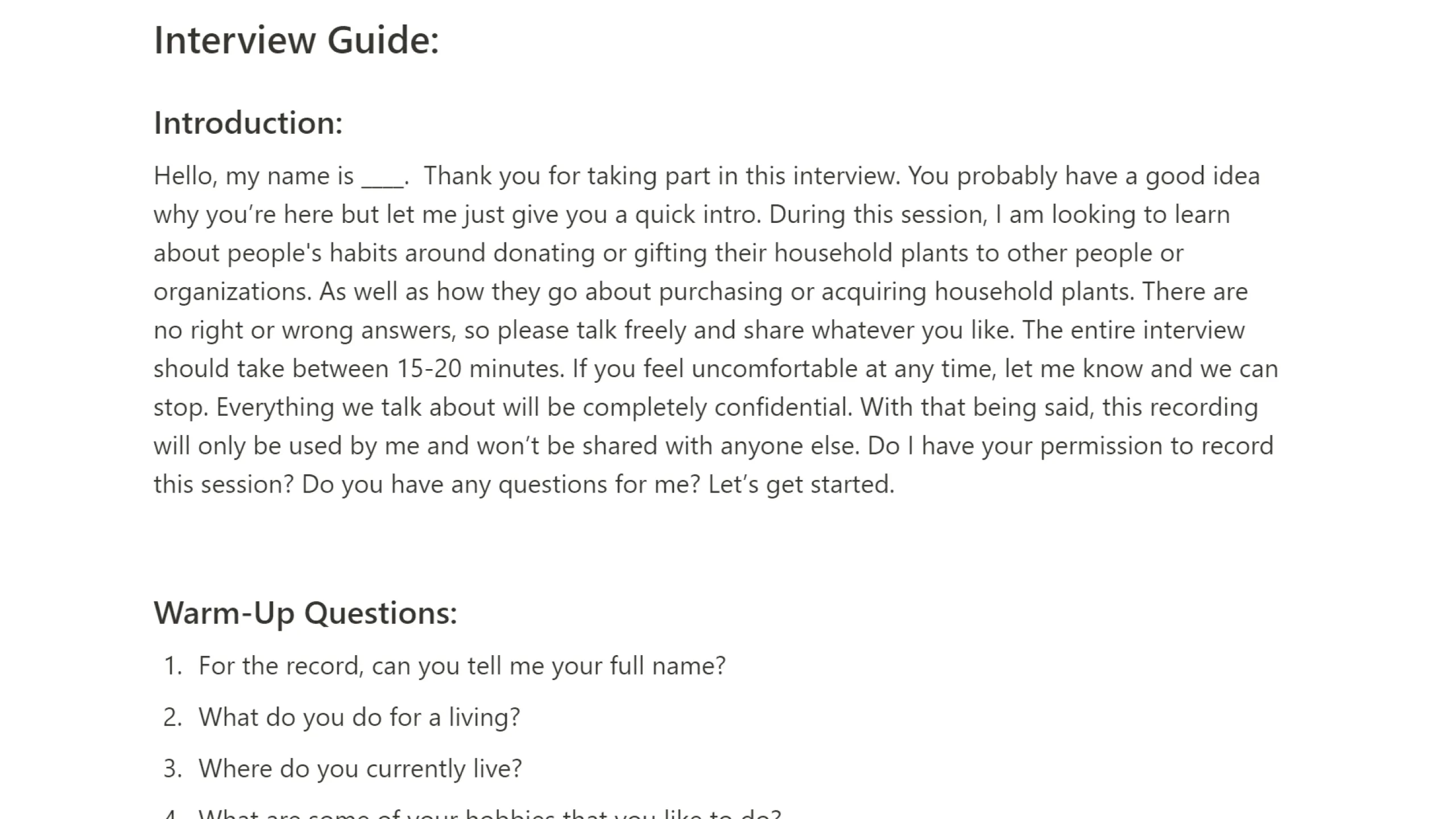 Screenshot of the interview guide questionnaire for the Florecer app