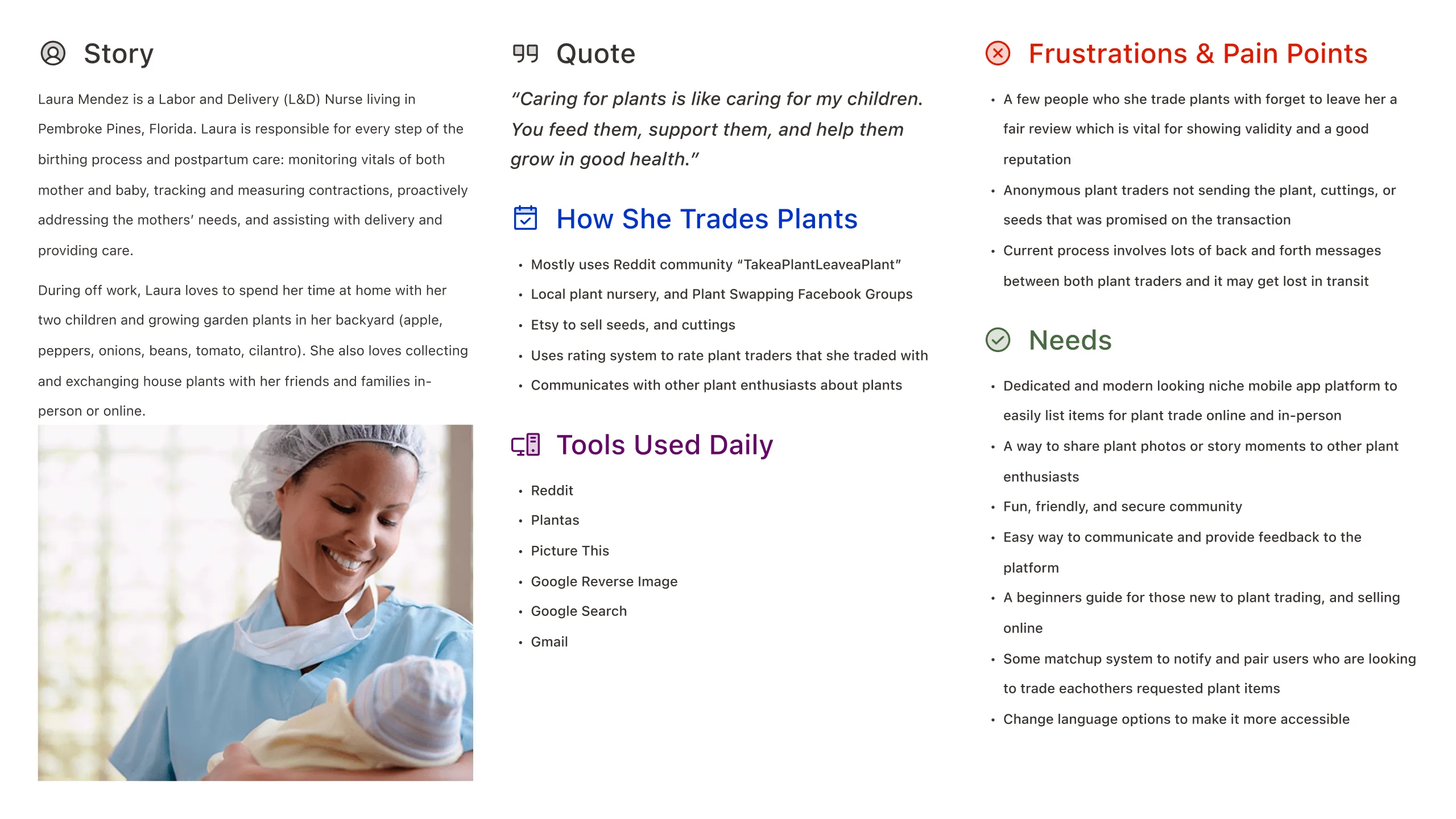 Screenshot of a Florecer user persona with background, tools, pain points, and needs