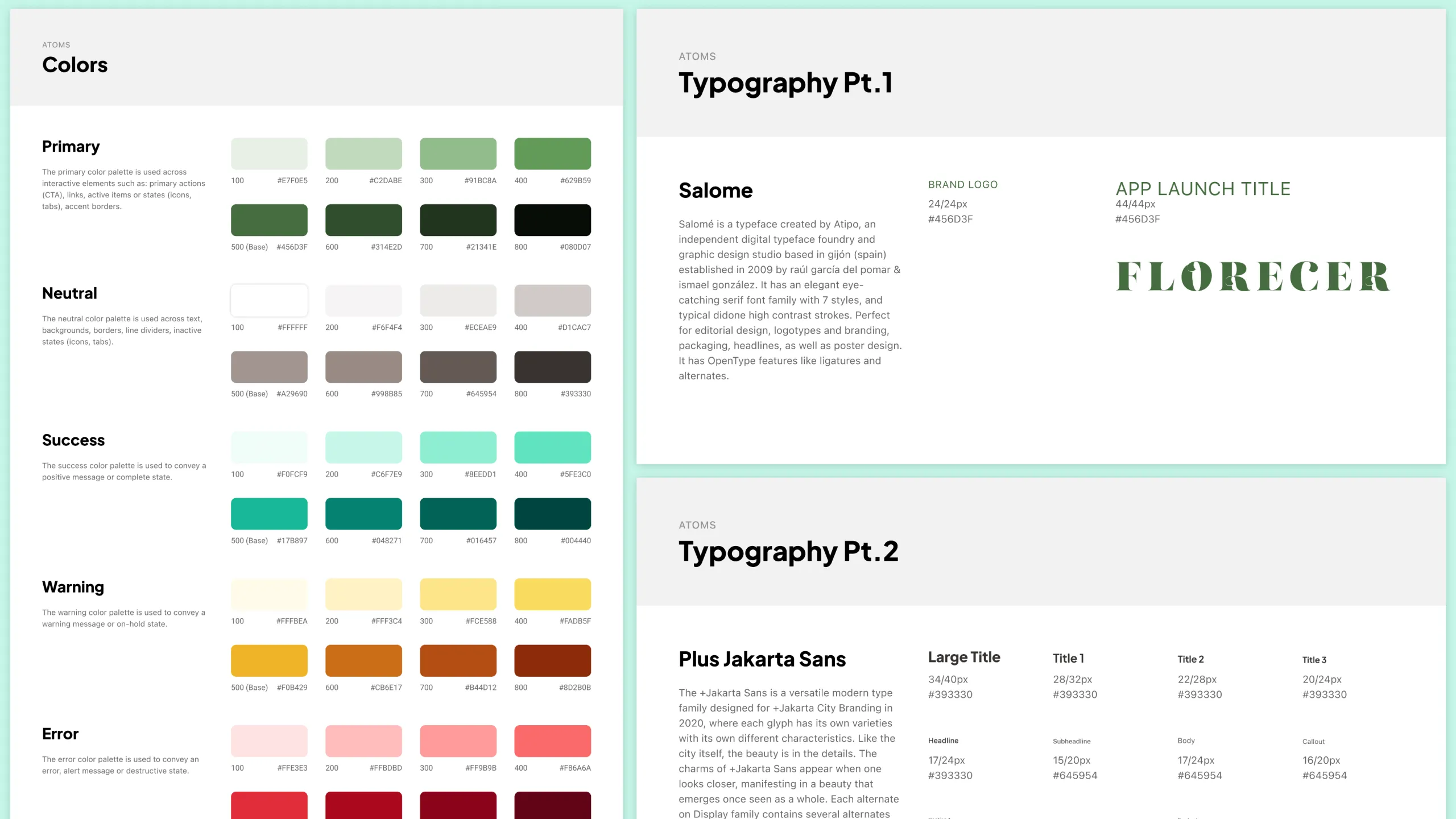 Screenshot of the Florecer style guide showing color palette and typography