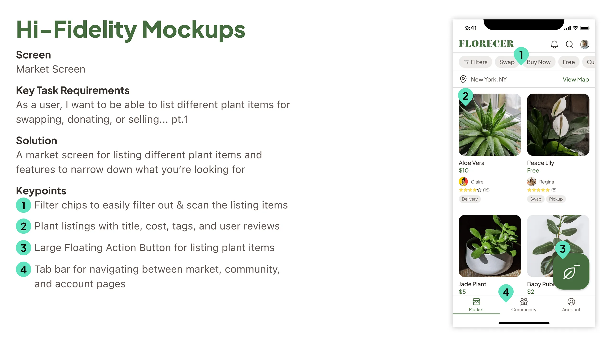 Hi-fidelity mockup of Florecer market screen showing key UI benefits