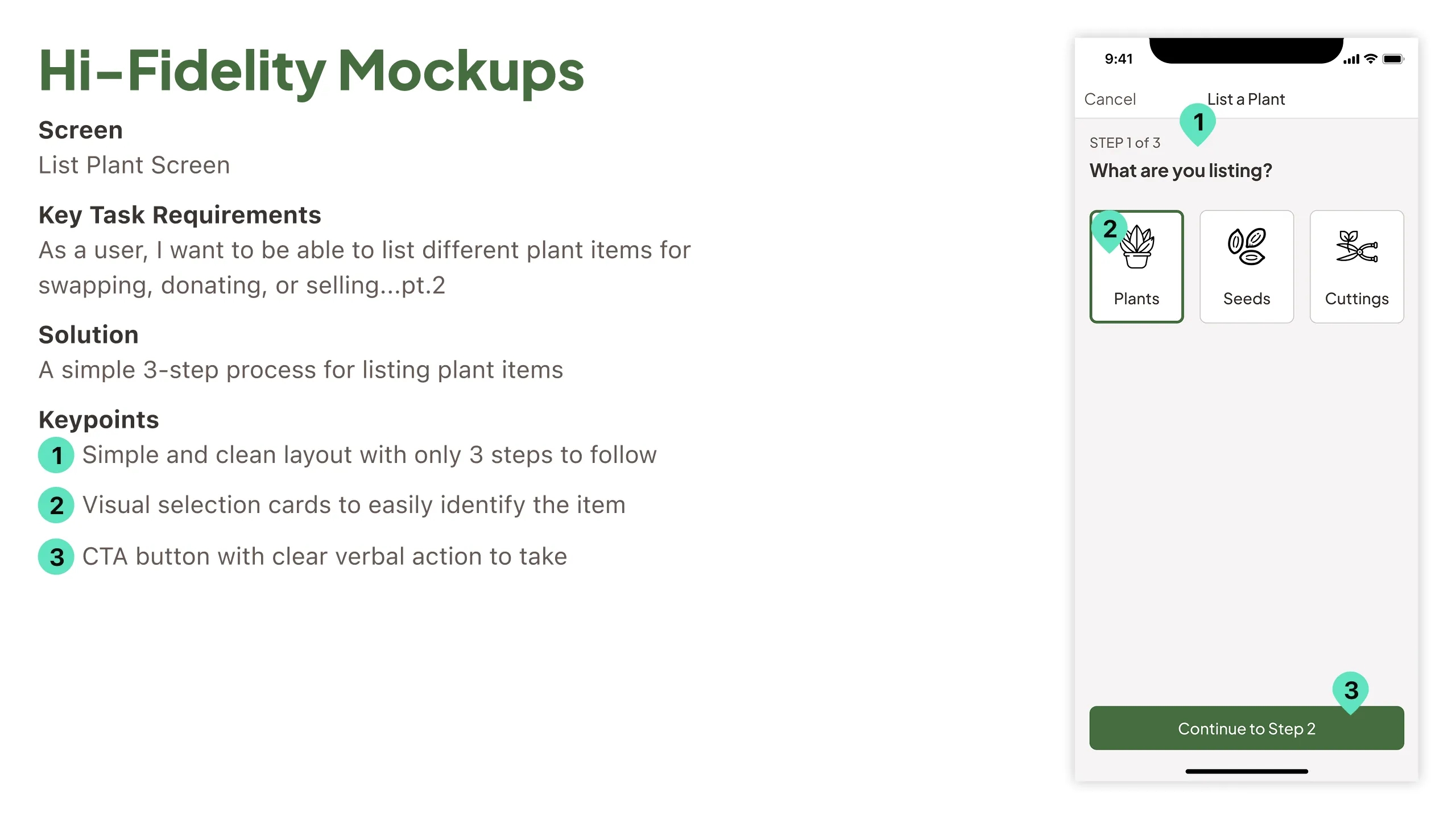 Hi-fidelity mockup of the Florecer list plant screen showing steps and UI highlights