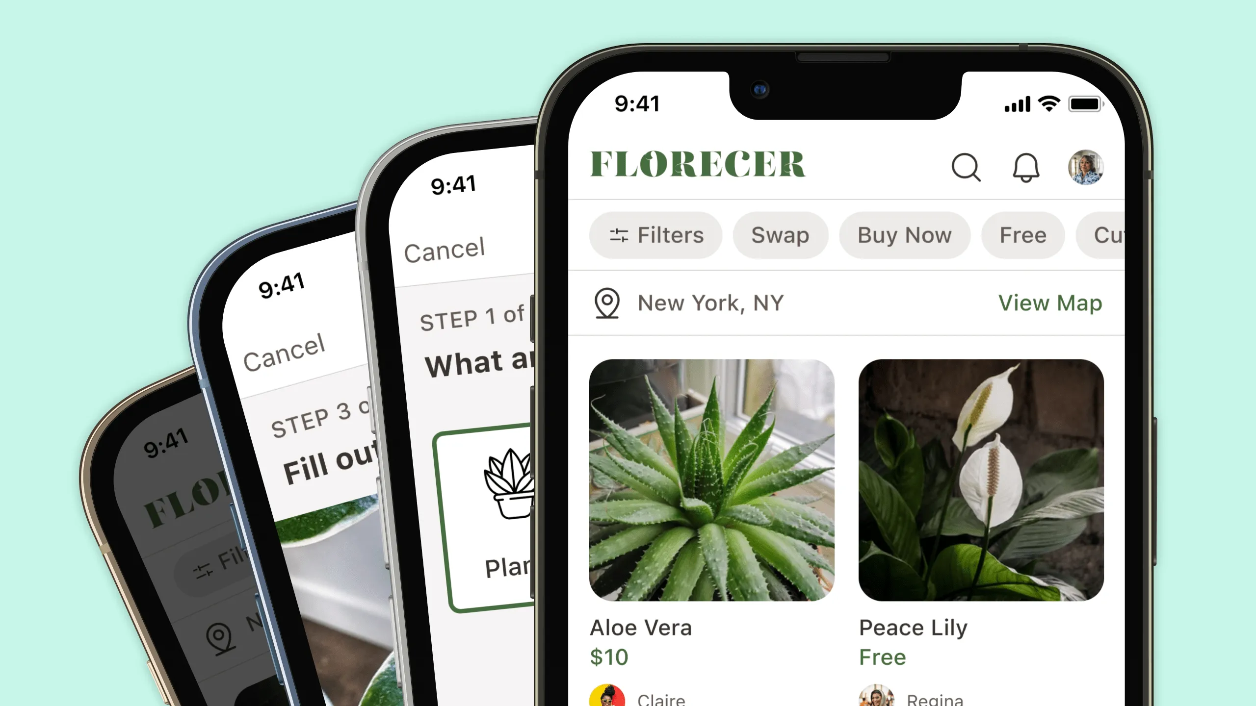 Screenshot of several Florecer screens displayed in device mockups