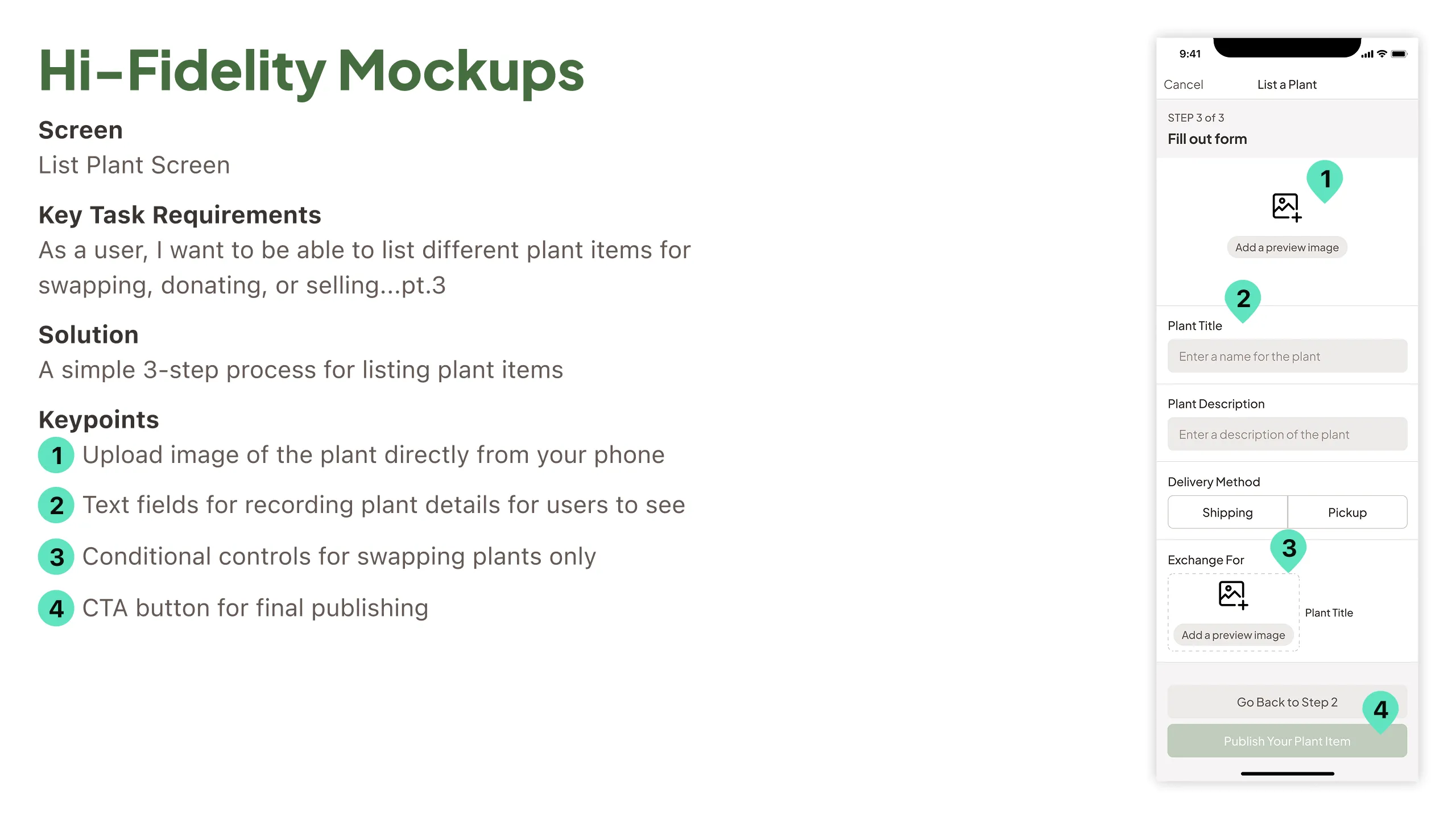 Another hi-fidelity mockup of the final step of the Florecer list plant screen