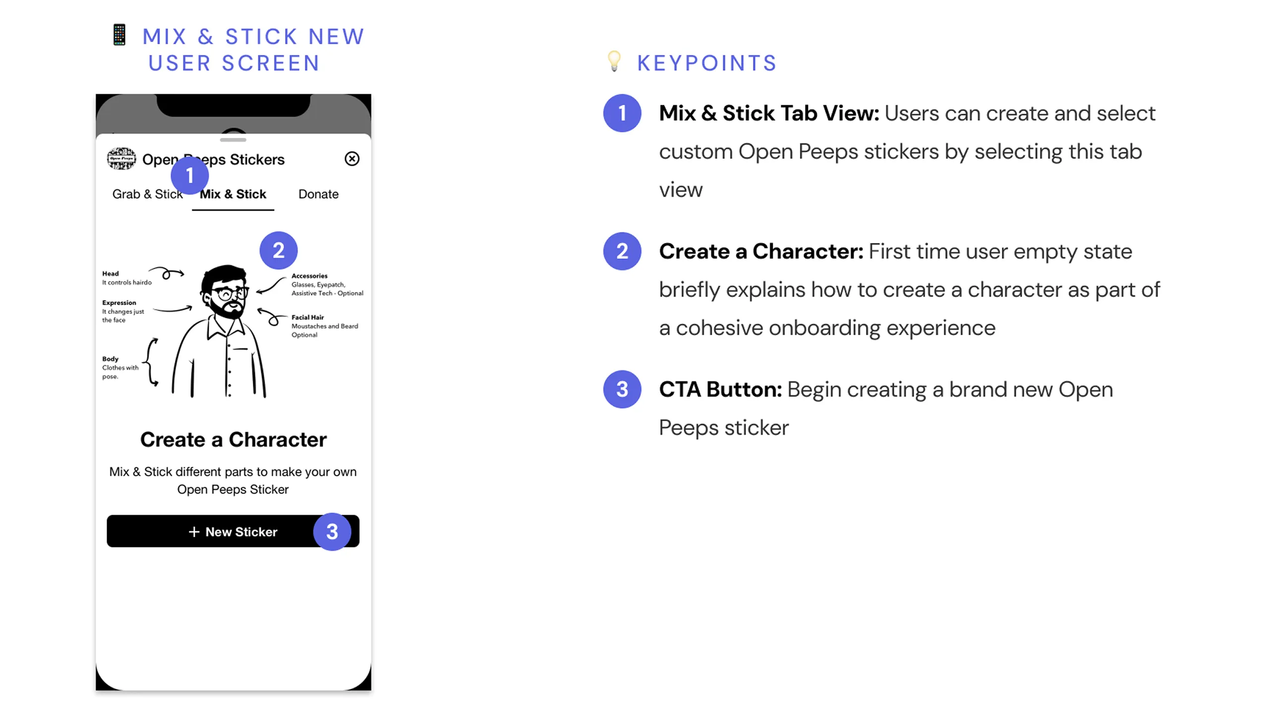 Screenshot of an empty state UI mockup for new users in the Mix & Stick tab, with design annotations.