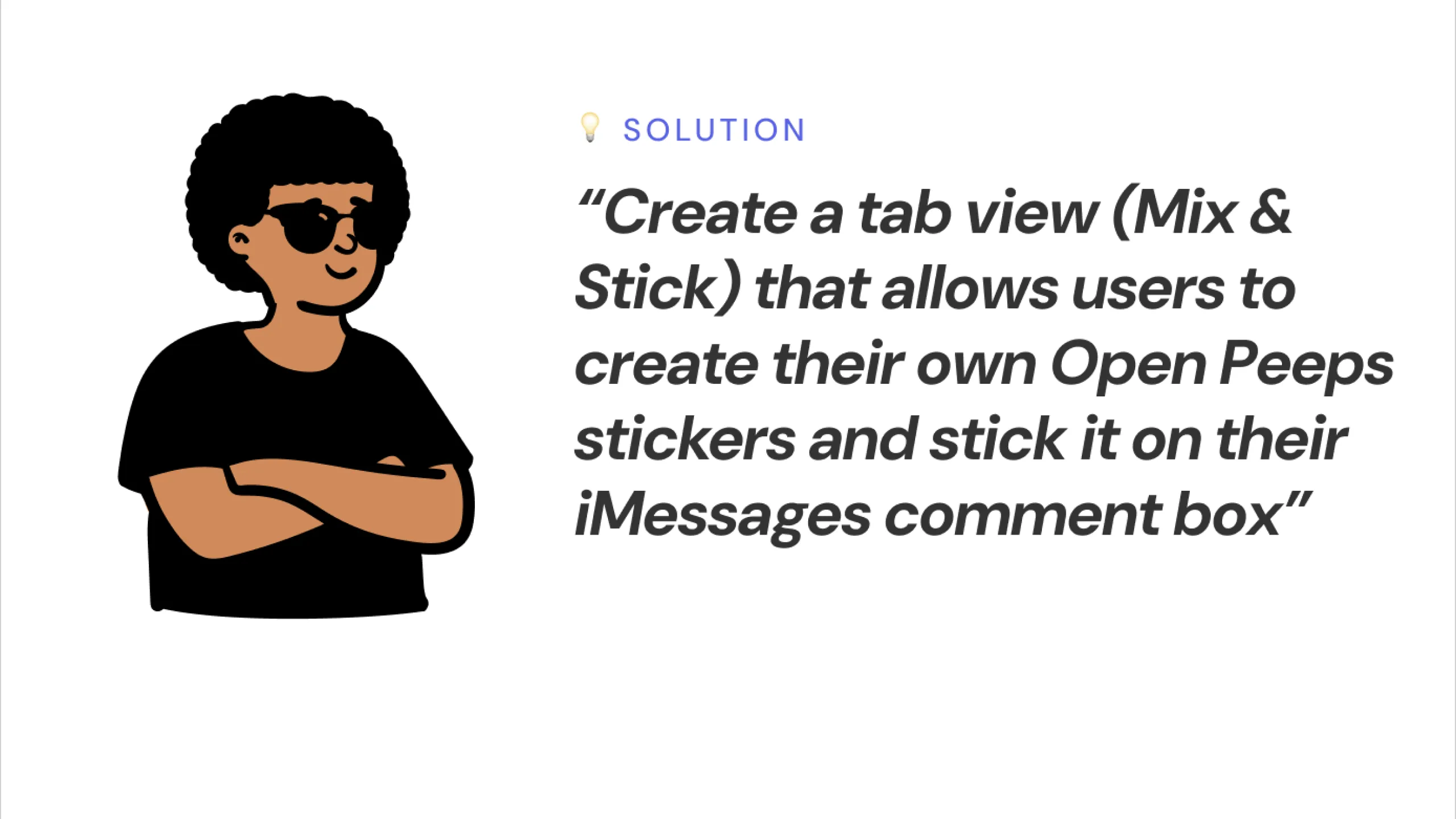 Screenshot of an Open Peeps character with a solution prompt about the Mix & Stick tab concept.