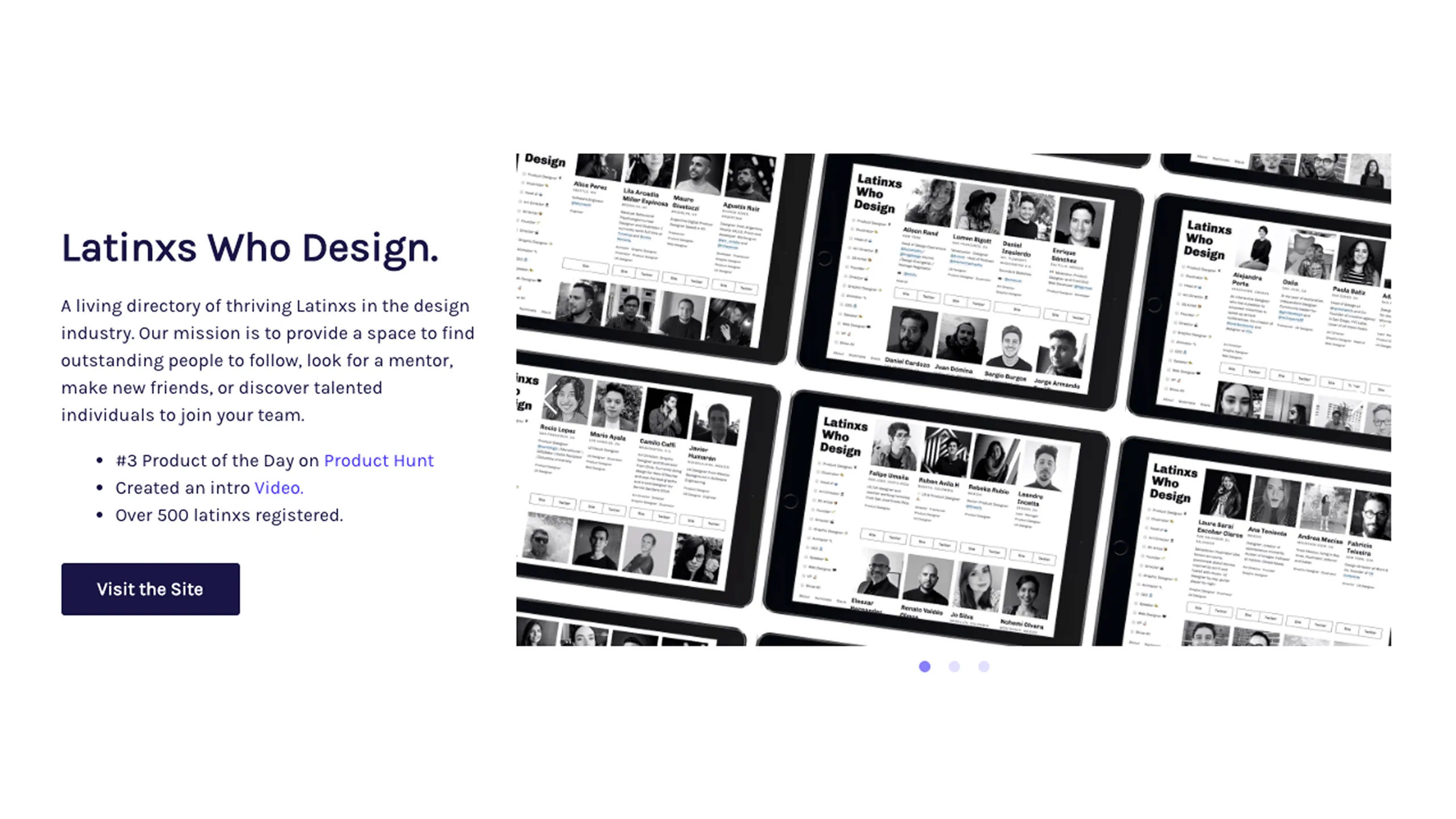 Screenshot showcasing the Latinxs Who Design platform by Pablo Stanley.