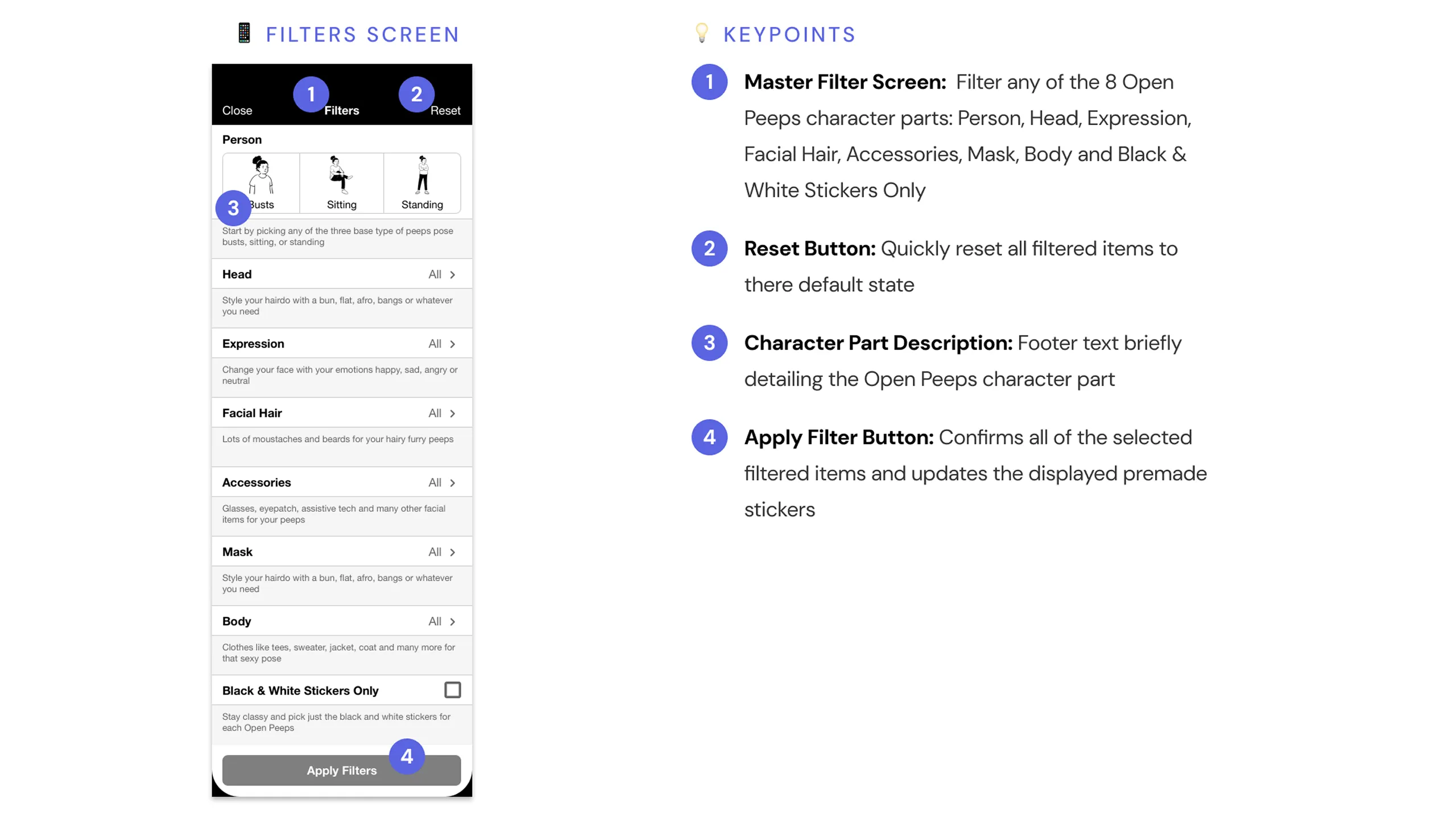 Screenshot of the Master Filter screen mockup with annotated design rationale.