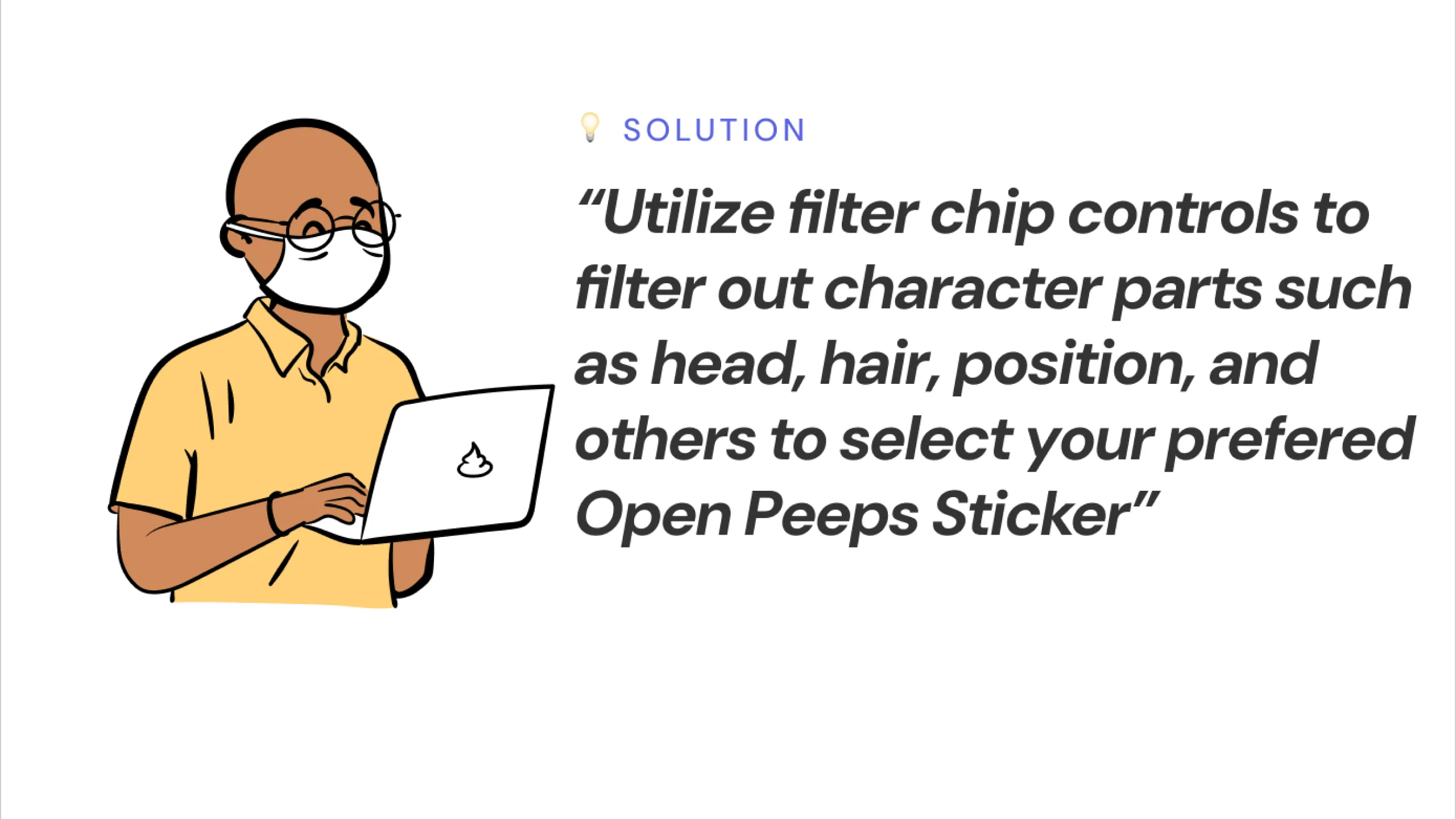 Screenshot of an Open Peeps character with a solution prompt about using filter chips for character traits.