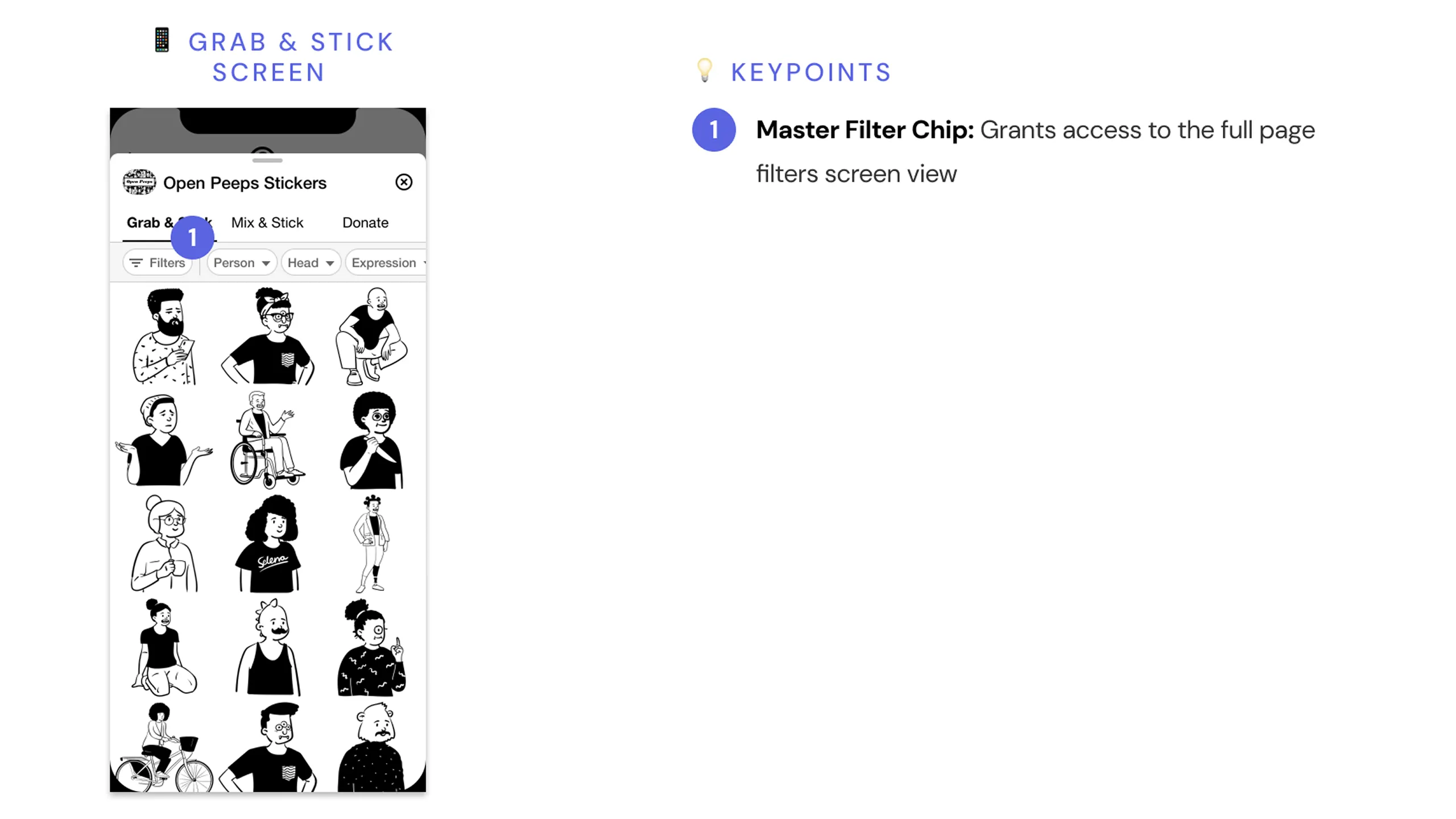 Screenshot of the Grab & Stick screen with filter chips and design annotations.