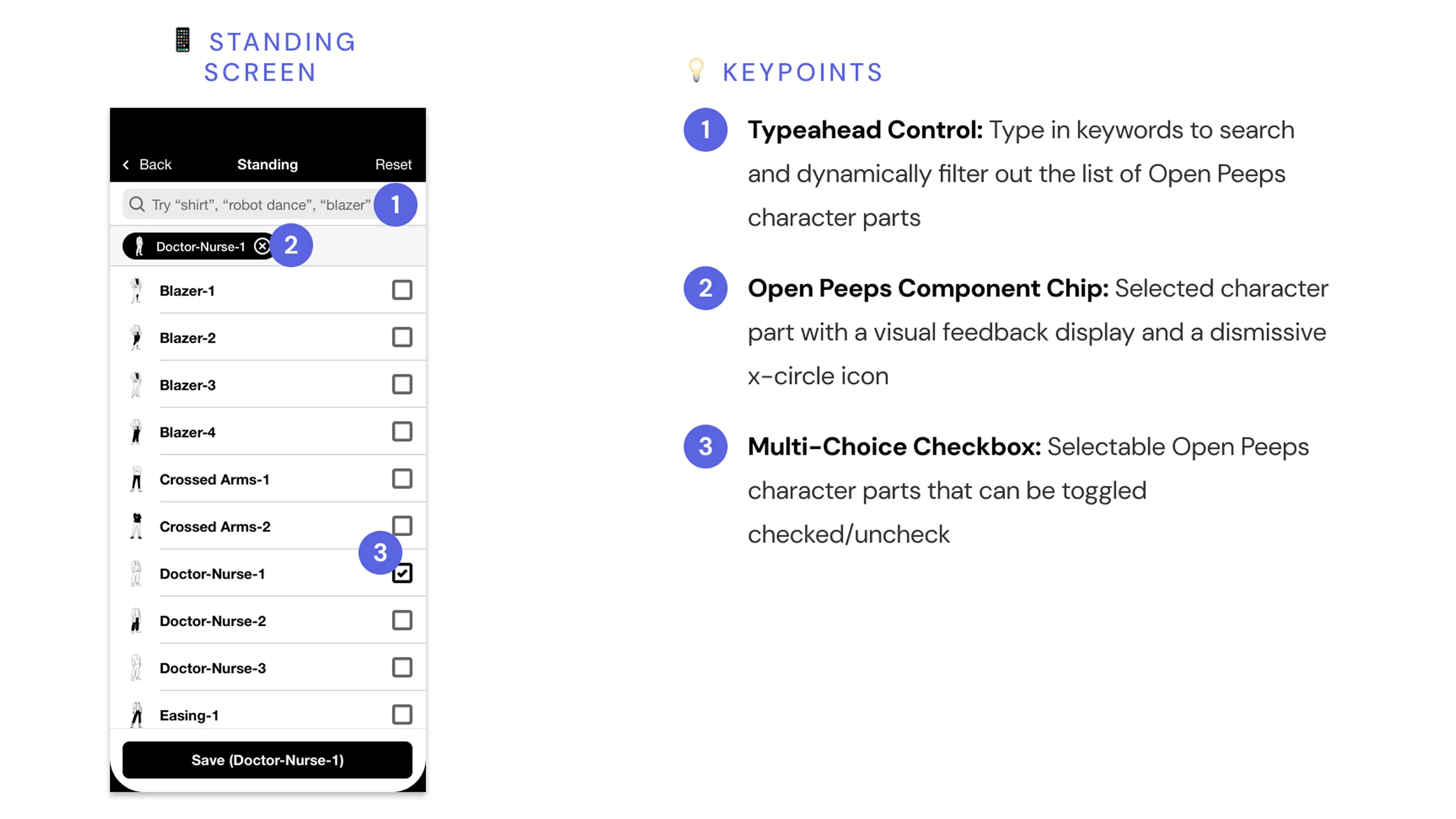 Screenshot of the Standing screen mockup with dynamic filtering and annotations.