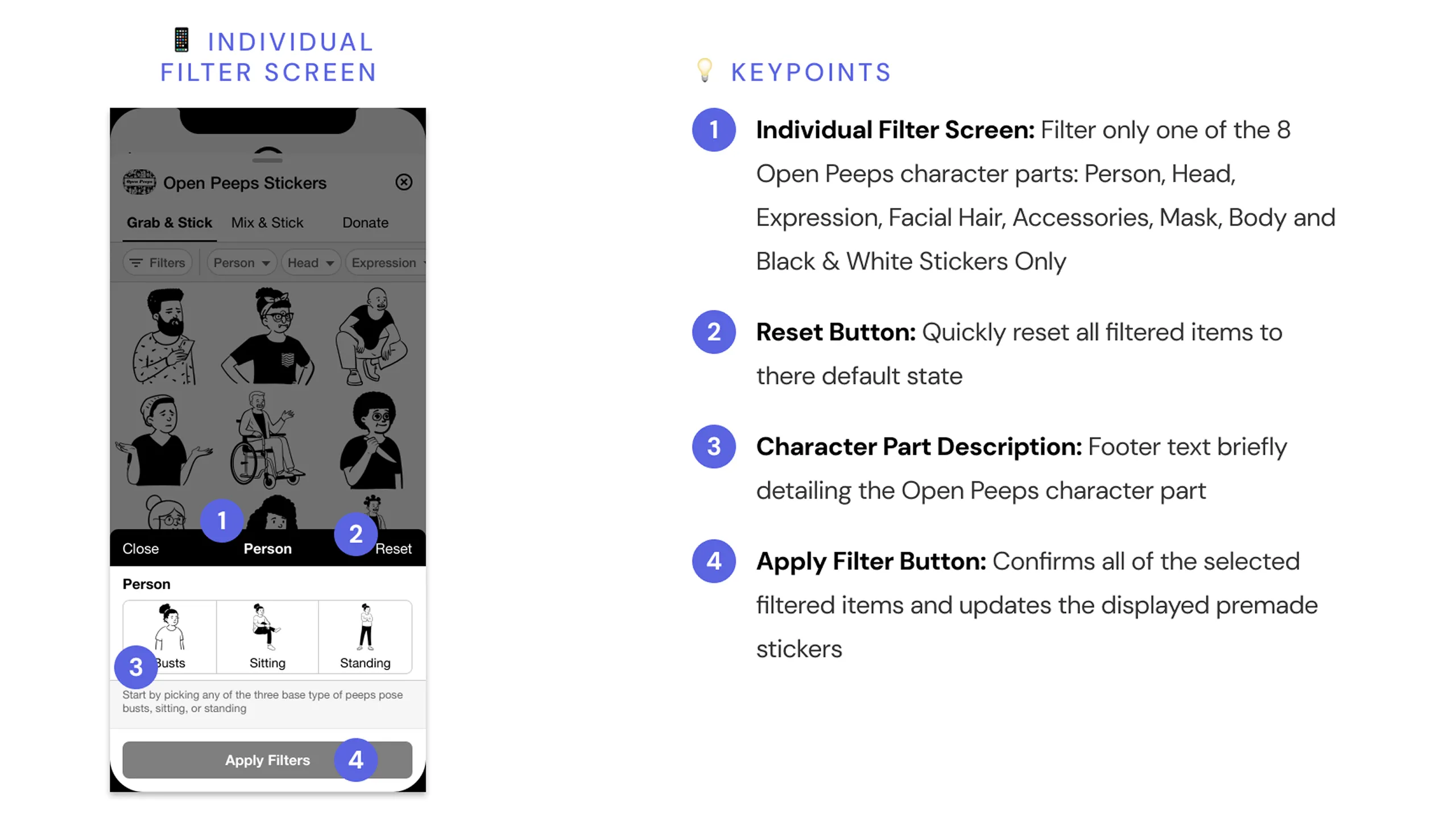 Screenshot of Grab & Stick screen with a bottom sheet filter drawer and annotations.