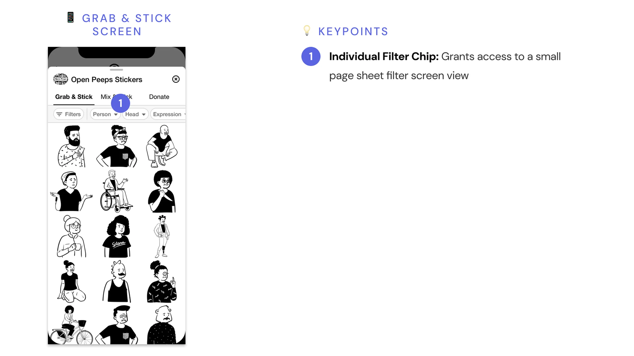 Screenshot of Grab & Stick screen with individual character part filters and annotations.