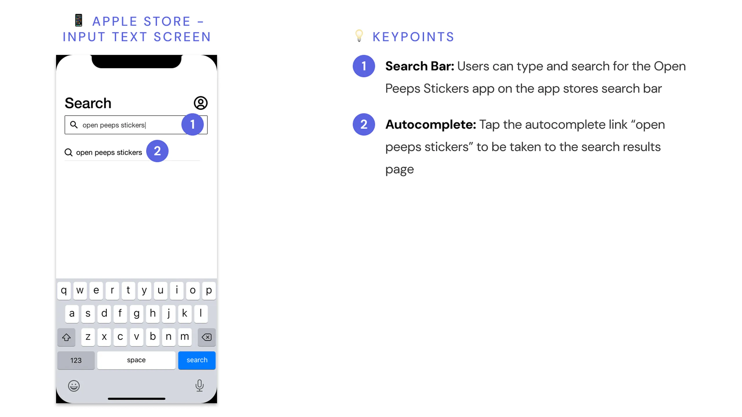 Screenshot of the App Store search bar with the query “open peeps stickers,” including design annotations.