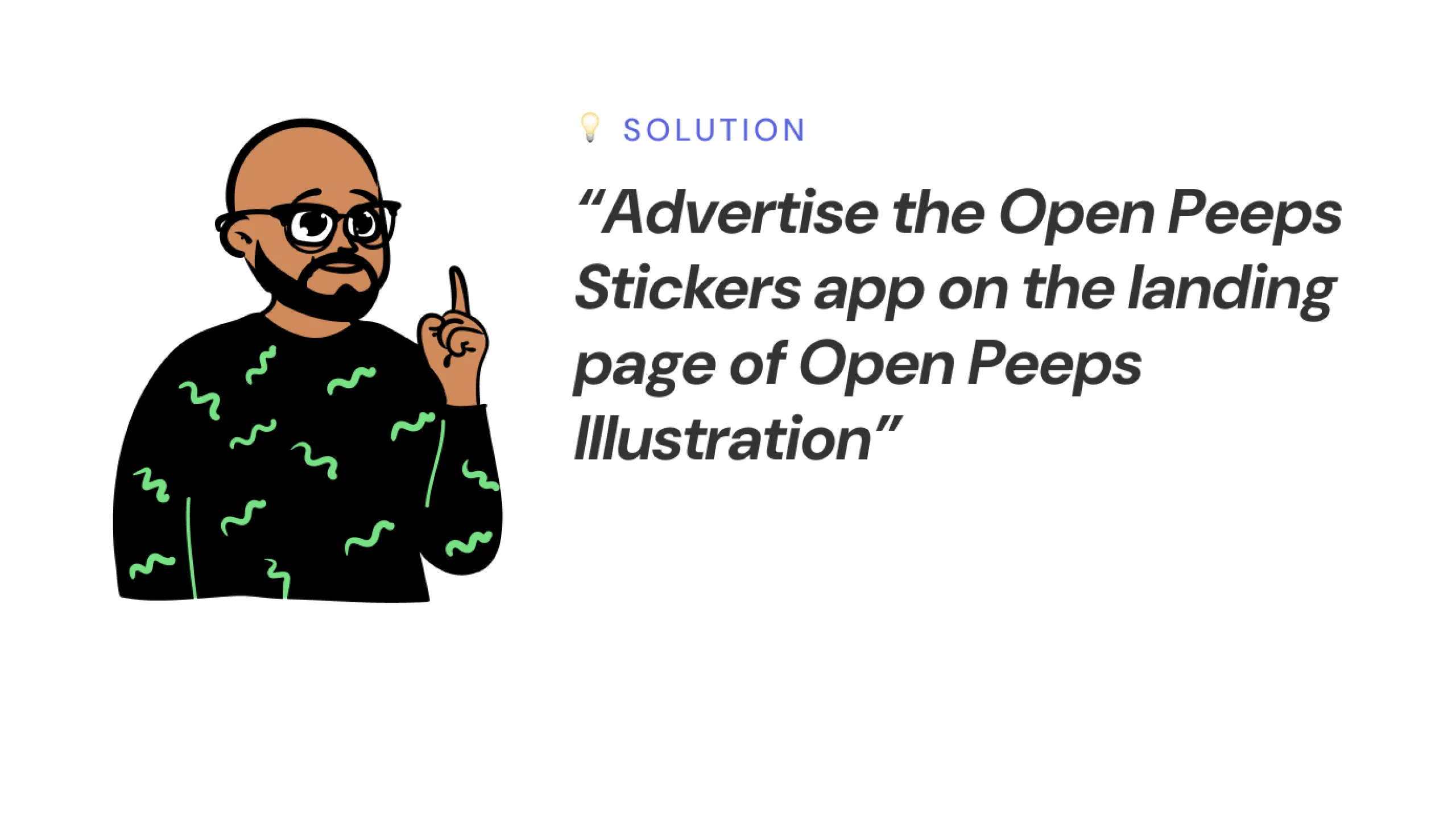 Screenshot of an Open Peeps character proposing app promotion on the illustration landing page.
