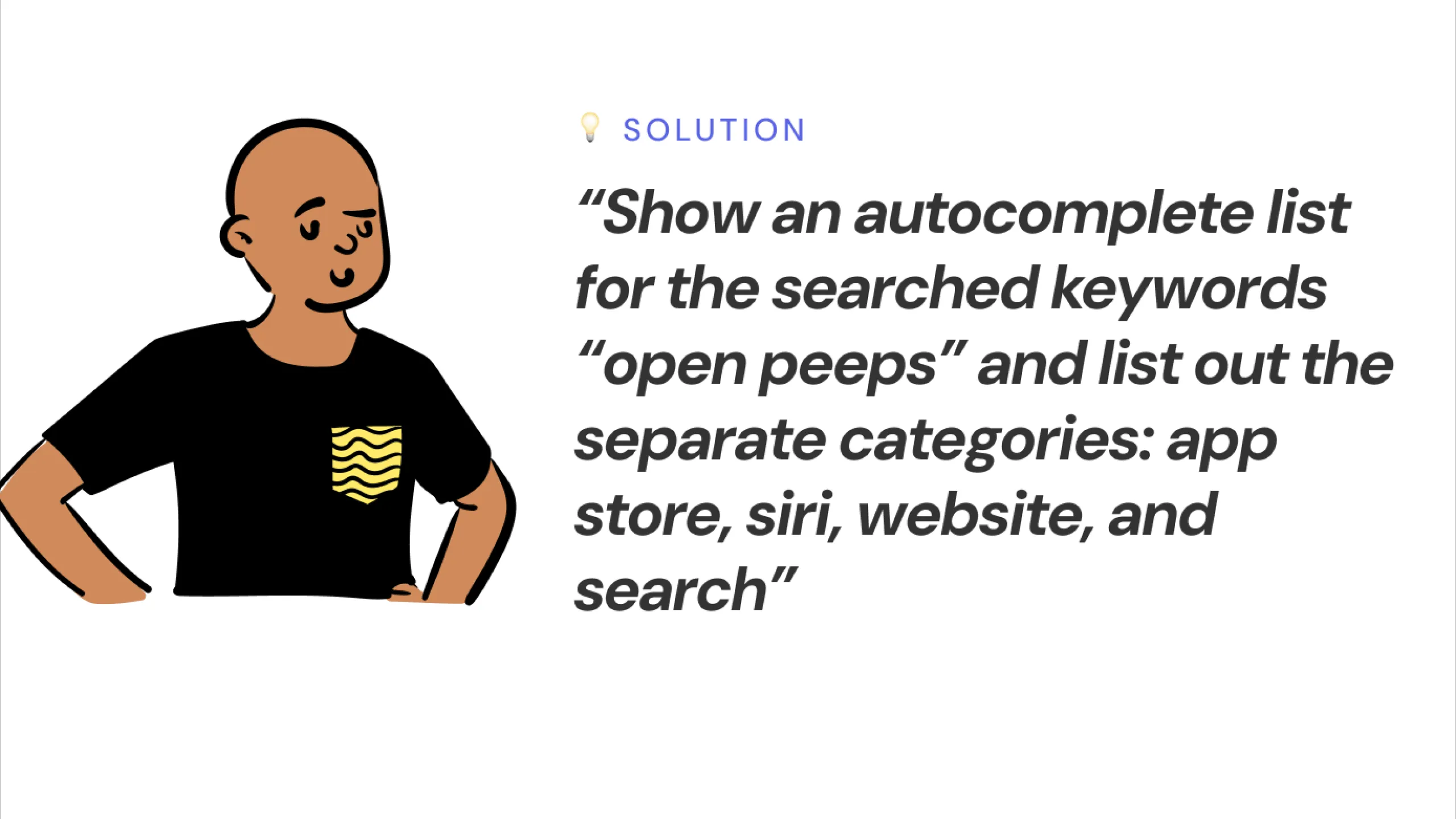 Screenshot of an Open Peeps character proposing autocomplete categories for the search term “open peeps.”