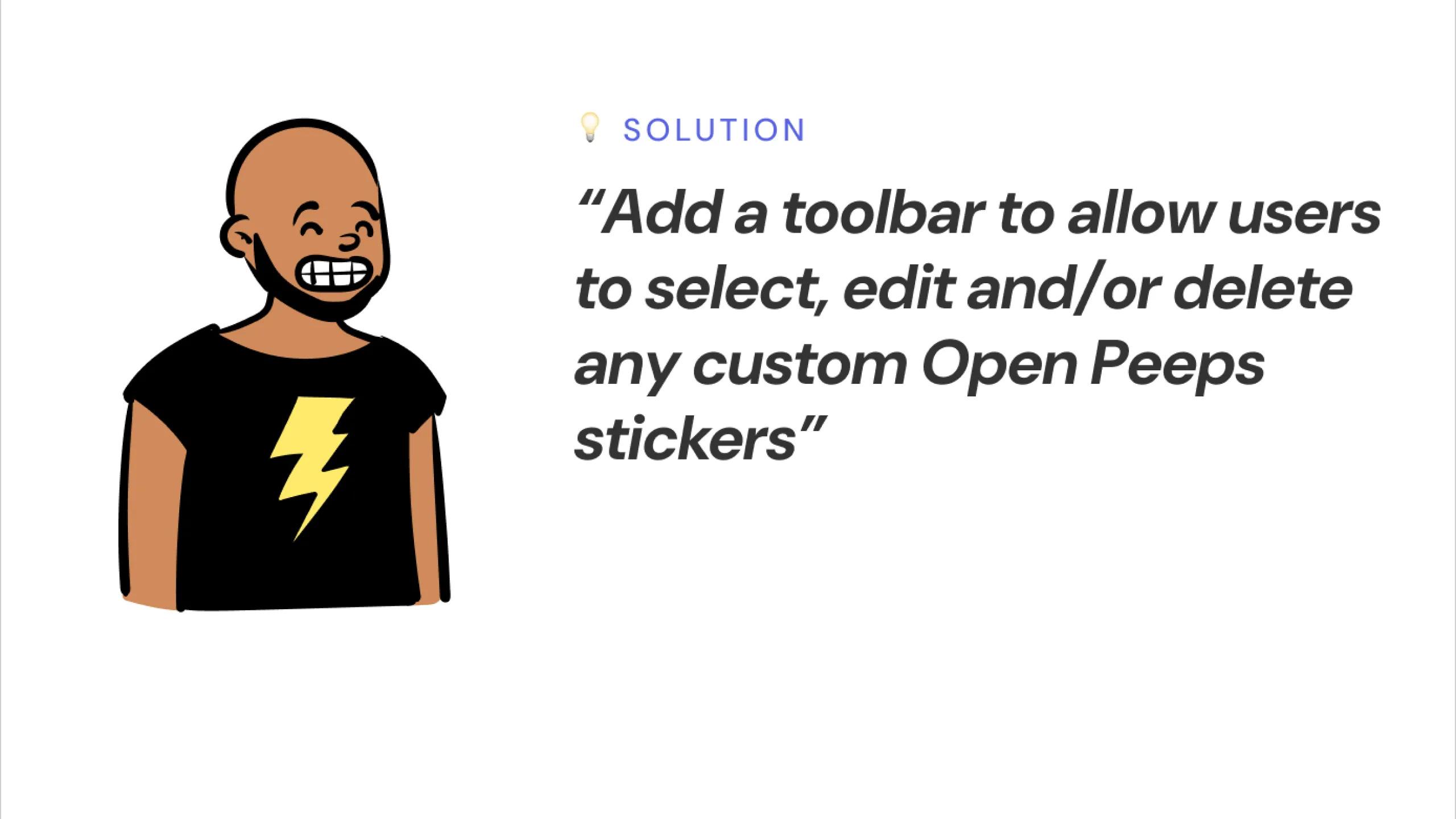 Screenshot of an Open Peeps character proposing a toolbar for selecting, editing, or deleting stickers.