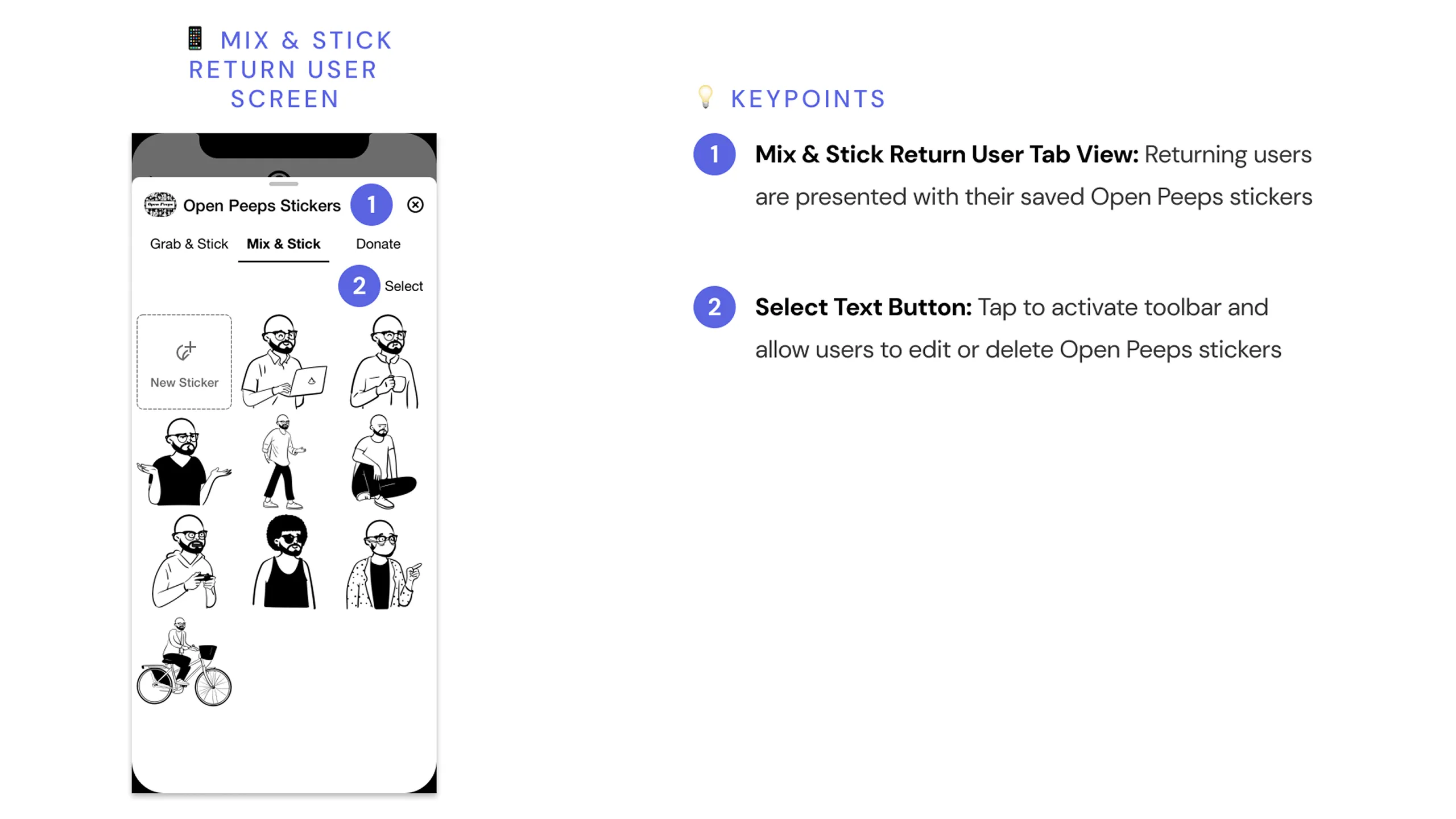 Screenshot of the Mix & Stick tab for returning users showing a list of their custom stickers with design annotations.