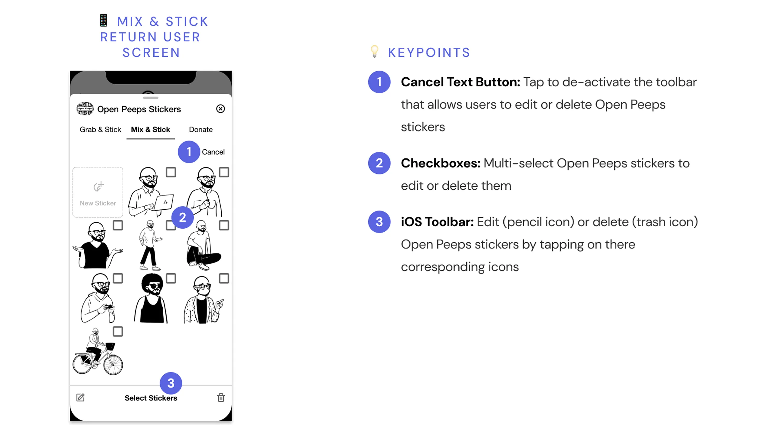 Screenshot of the Mix & Stick tab in edit mode with checkboxes, toolbar actions, and annotations.
