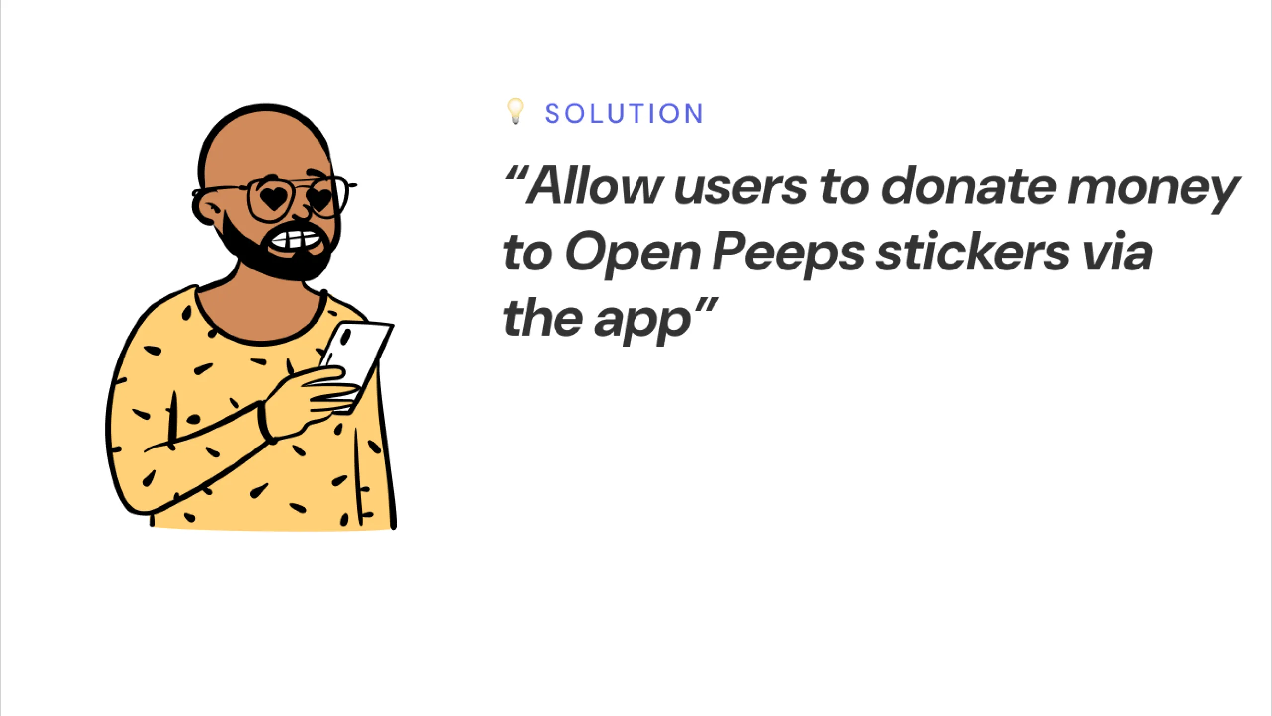 Screenshot of an Open Peeps character suggesting users donate through the app.