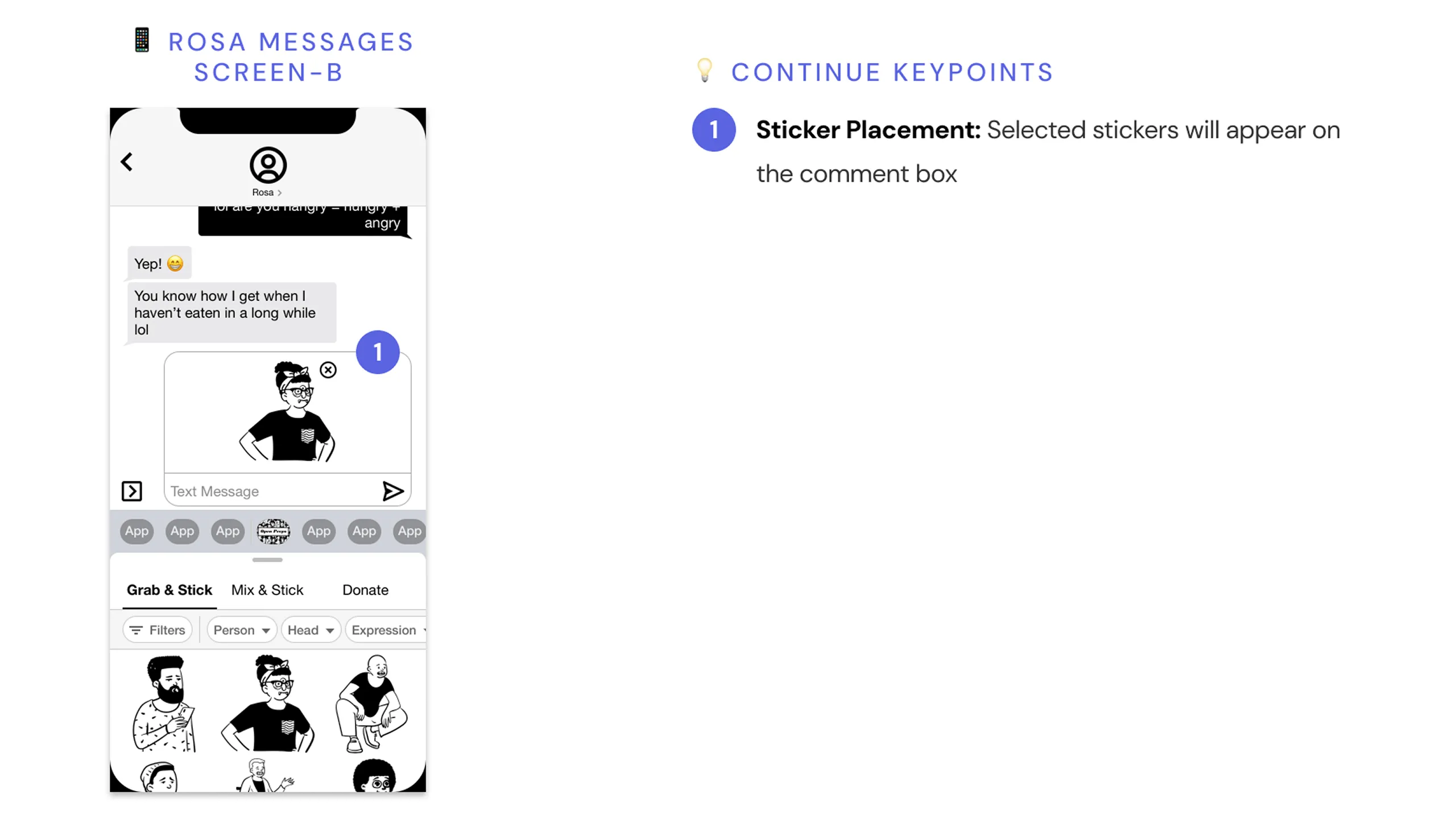Screenshot showing a sticker placed inside an iMessage text bubble from the Open Peeps Stickers app.