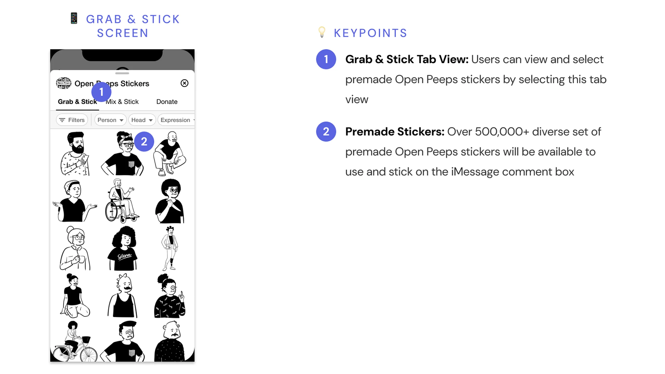 Screenshot of the Grab & Stick screen displaying premade stickers, with annotated design rationale.