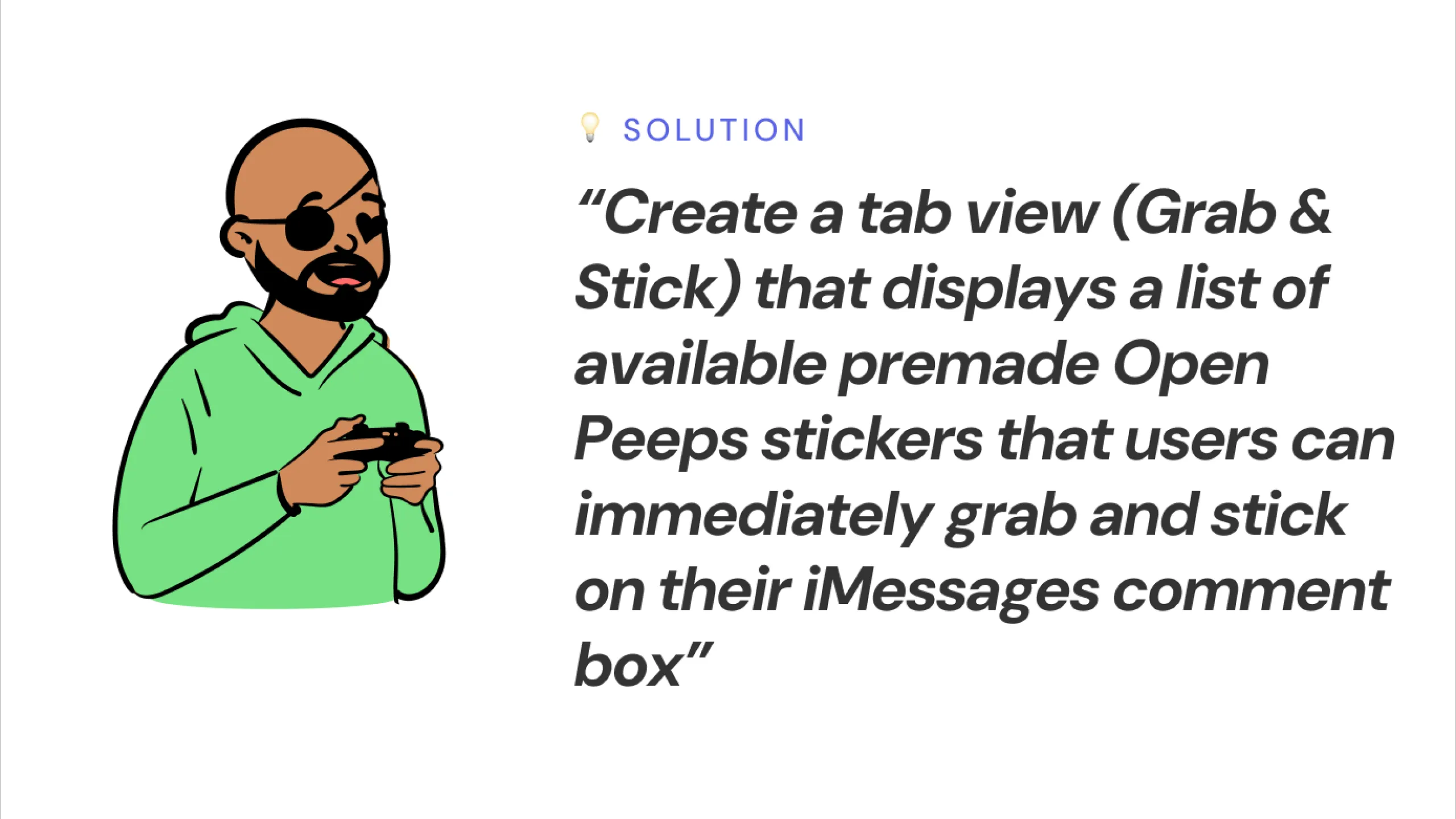 Screenshot of an Open Peeps character suggesting a Grab & Stick tab for browsing and sending stickers.
