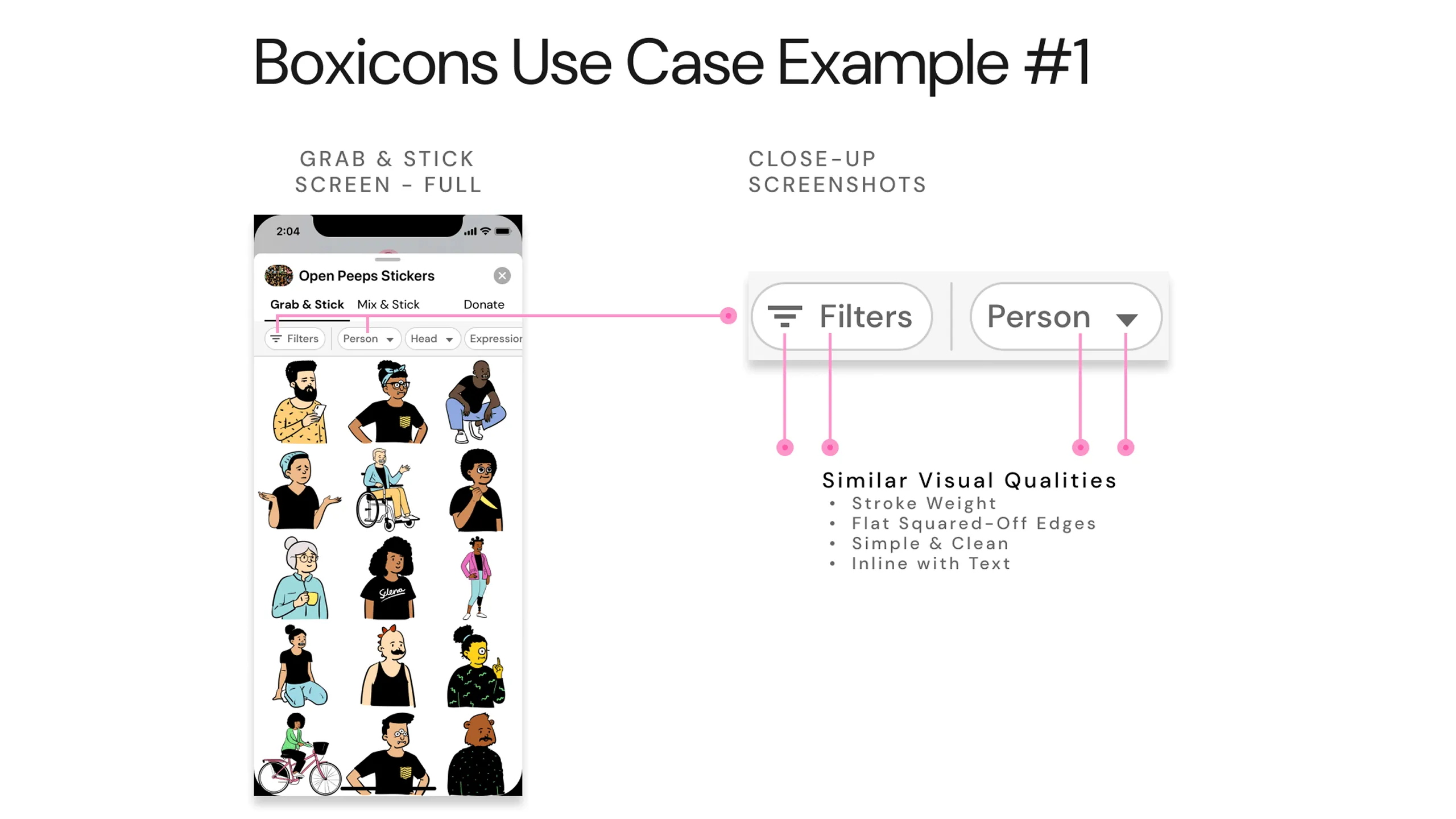 Screenshot of Grab & Stick mockup with boxicons applied and annotated.