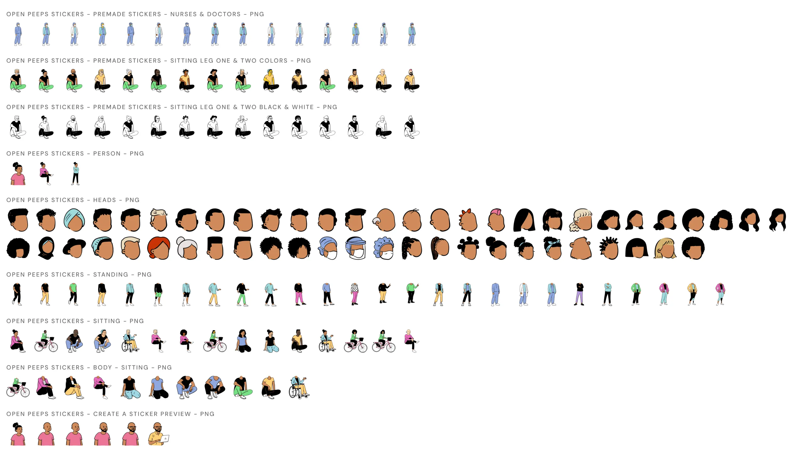 Screenshots of additional image sets exported and modified from Open Peeps Sketch Library.