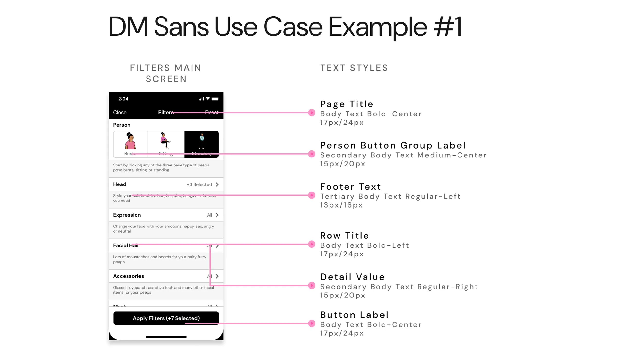 Screenshot showing DM Sans used across various UI text elements, with annotations.