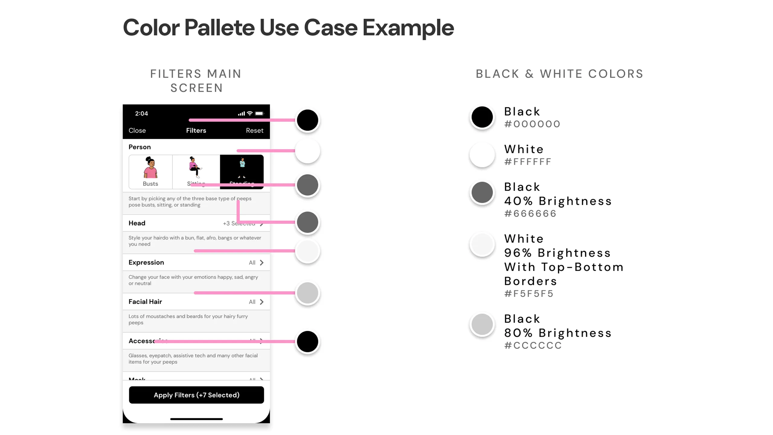 Screenshot of filter screen mockup using custom UI color palette with annotations.