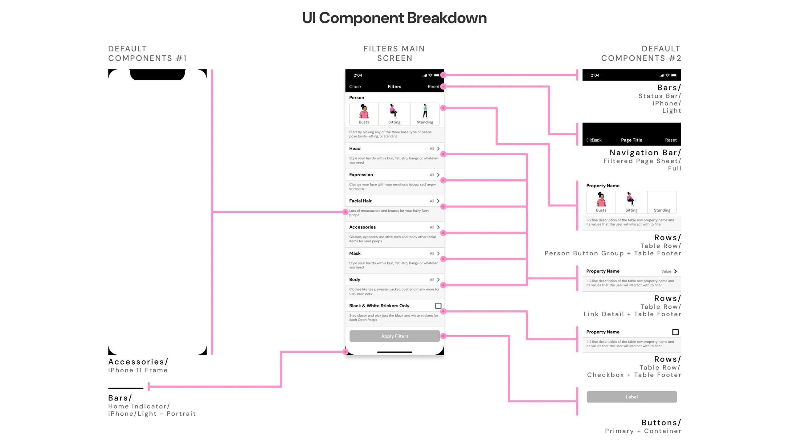 Screenshot of main filters screen showing component breakdown with annotations.