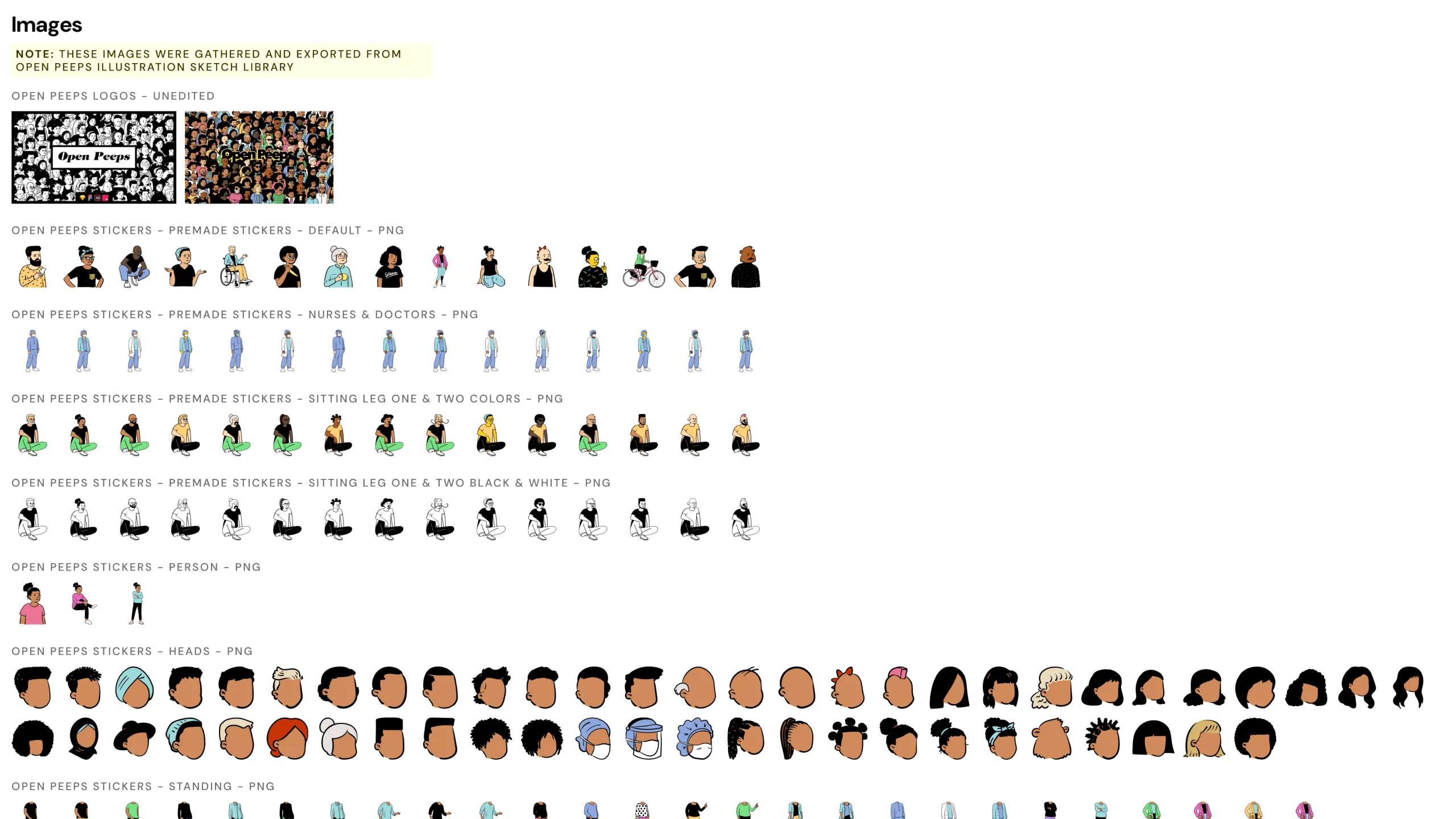 Screenshots of image sets exported and modified from Open Peeps Sketch Library.