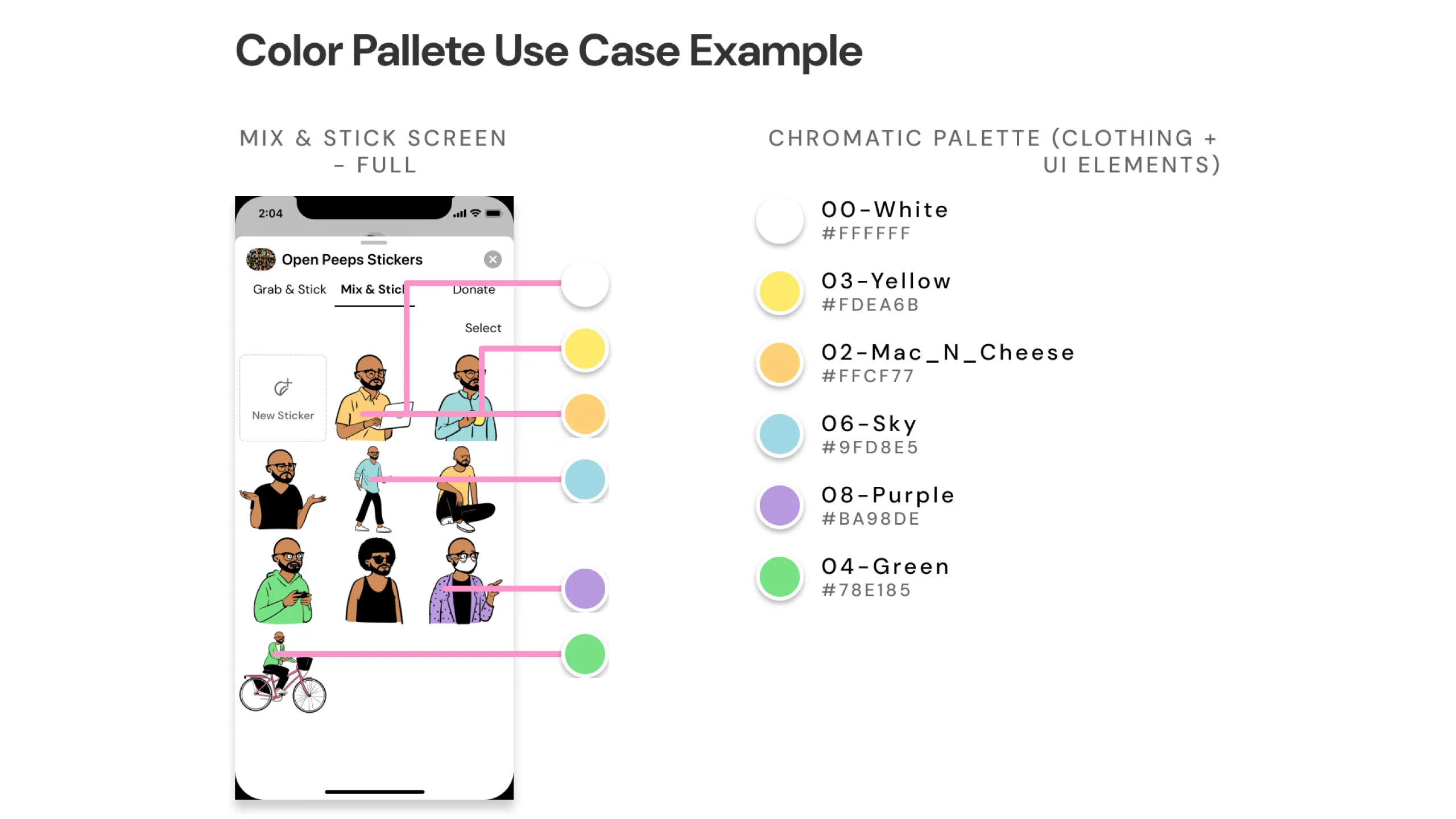 Screenshot of Mix & Stick screen mockup using Open Peeps colors, with annotations.