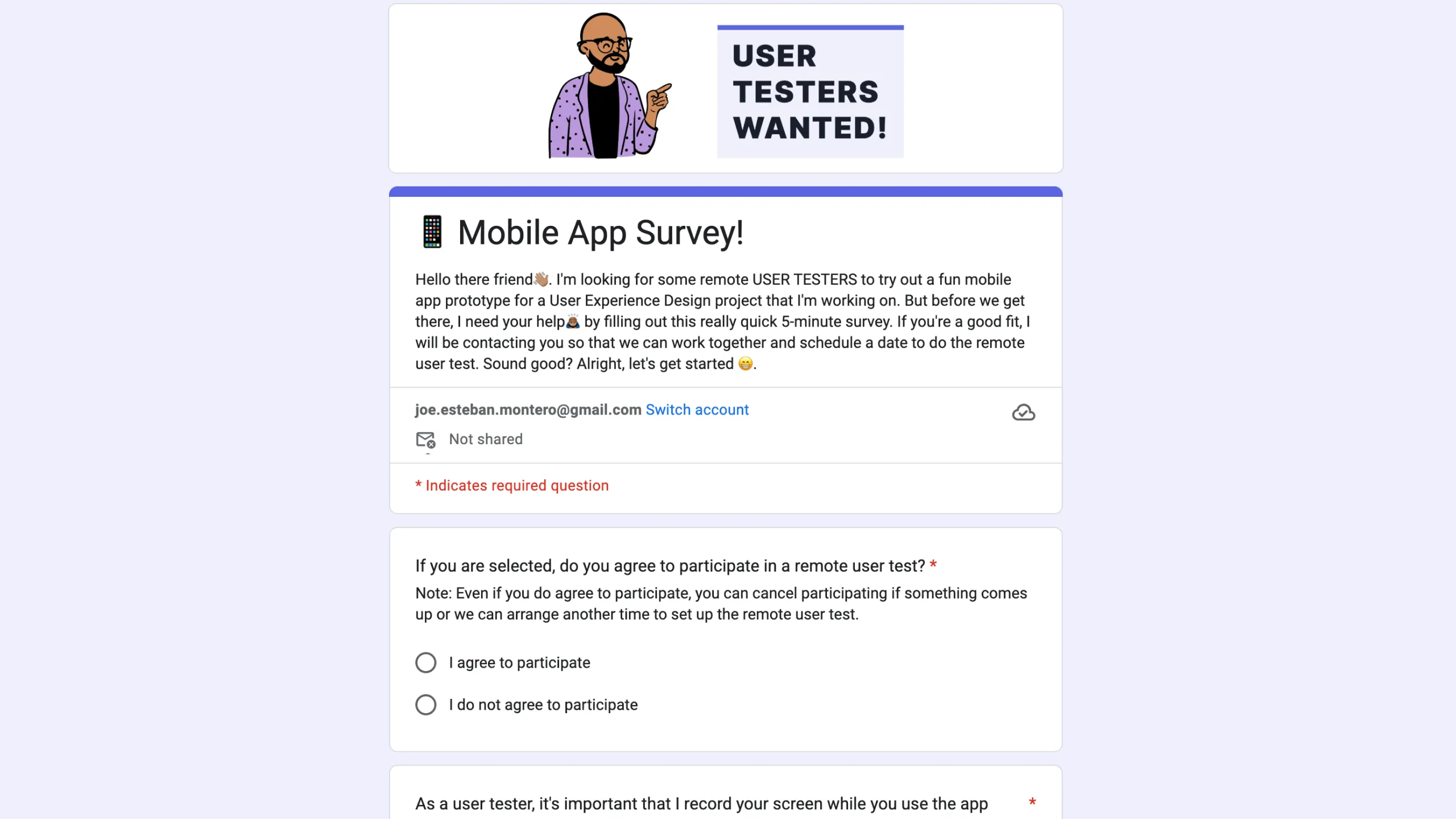 Screenshot of a survey questionnaire form for screening users for Open Peeps Stickers usability testing.