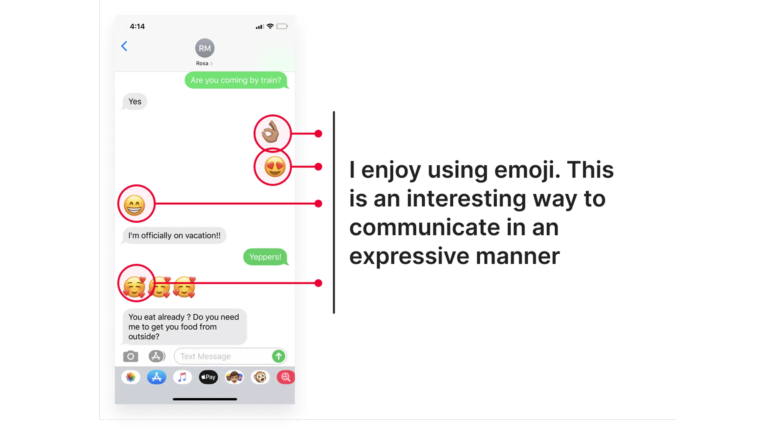 Screenshot of an iMessage conversation screen showing emoji being used, with annotated keypoints explaining their expressive value.