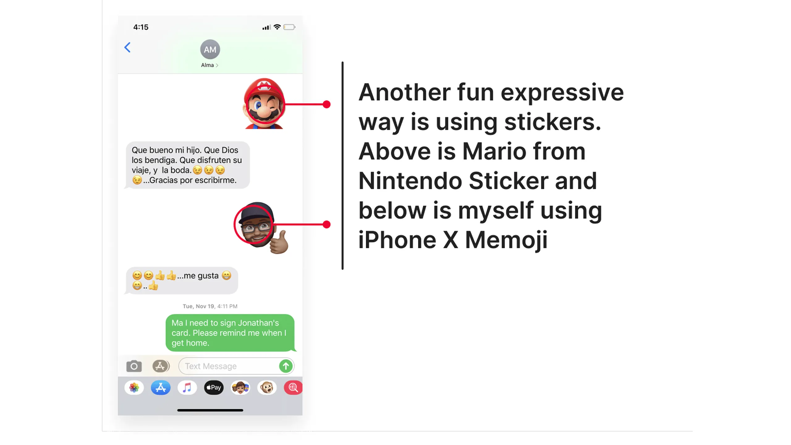 Screenshot of an iMessage conversation screen using stickers from a third-party app extension, with annotated keypoints on their expressive nature.