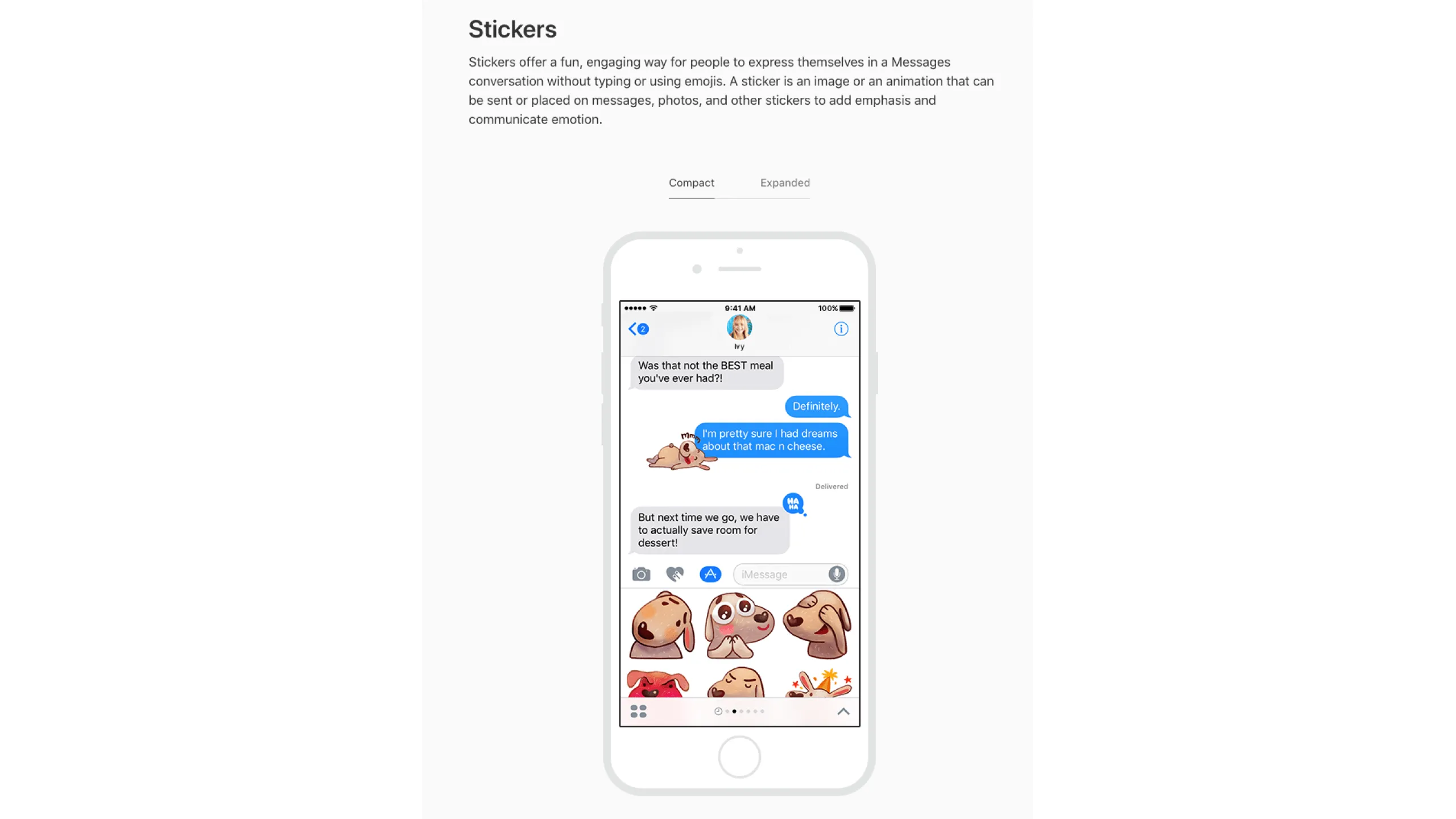 Screenshot of a sample iMessage conversation using a sticker, annotated to explain its expressive value.